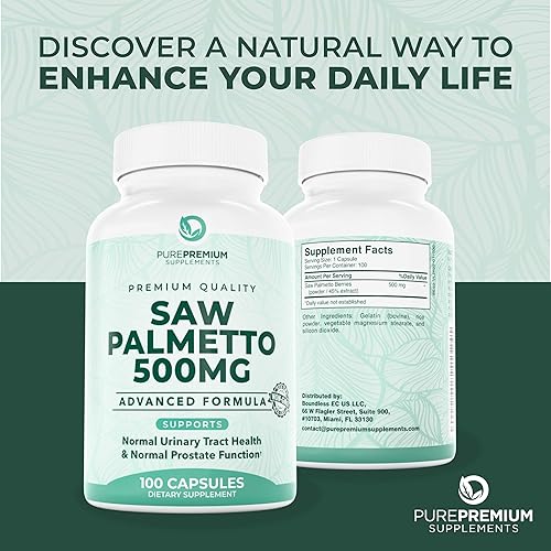 Miniatura 8 de Saw Palmetto Premium 500 mg para hombres y mujeres  Extracto de palma enana americana de máxima fuerza y suplemento en cápsulas en polvo  Apoya el