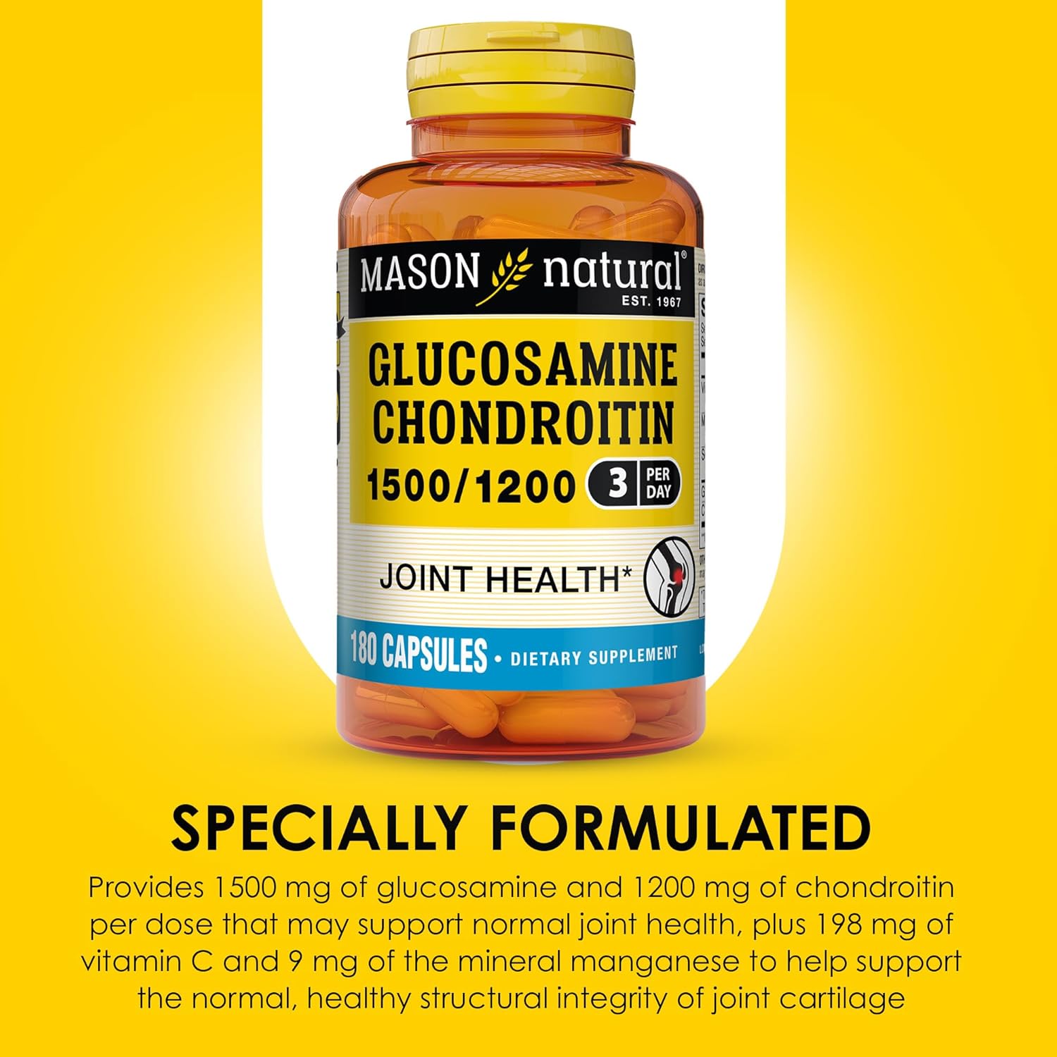 MASON NATURAL Glucosamine Chondroitin 1500/1200 3 Per Day with Vitamin C - Supports Joint Function for Normal Flexibility & Mobility*, 180 Capsules