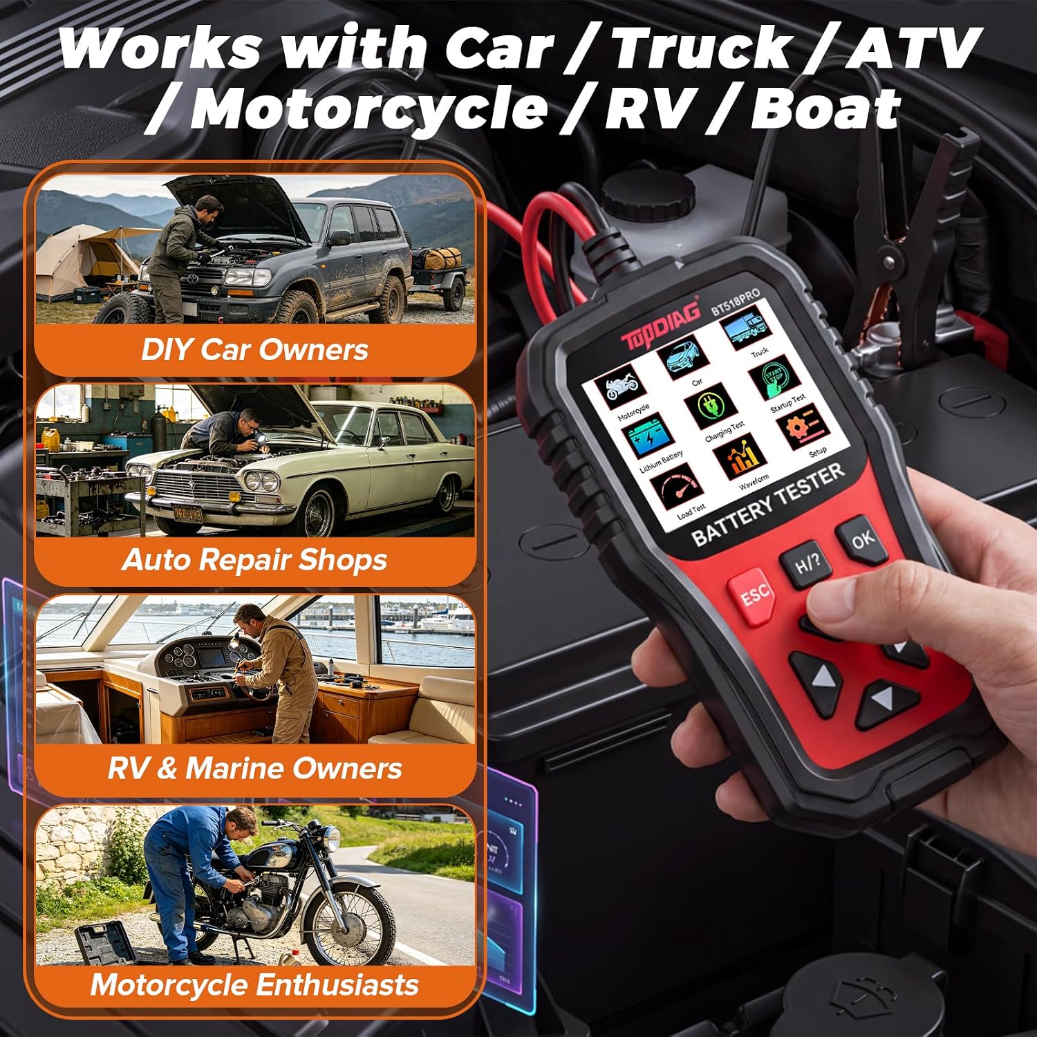 BT518PRO Car Battery Tester 6V 12V 24V, Battery Alternator Tester