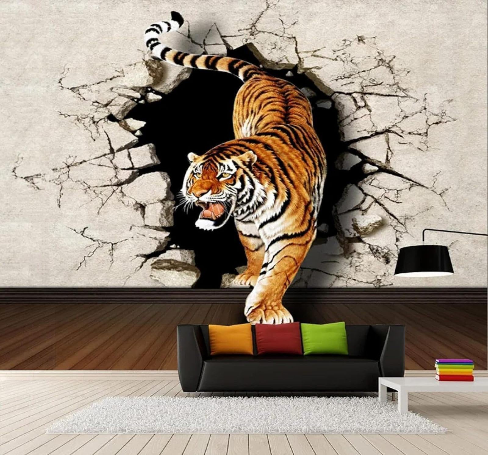 XLMING Creative Three Dimensional Tiger Broken Wall Unique 3D Wallpaper Luxury Silk Study Dining Feature Sofa Grey Bedroom Living Room Tv Decorative Wall-350cm×256cm