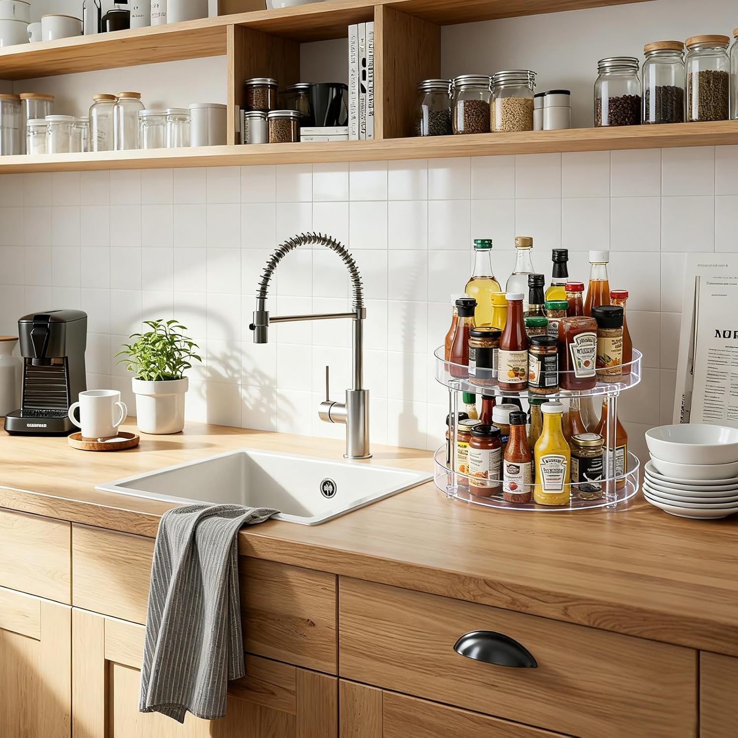 3 Pcs 11" Acrylic Lazy Susan Organizer Set, 2 Tier and 1 Tier Turntable Tray for Cabinet Kitchen Countertop Pantry Table Organization Coffee Bar