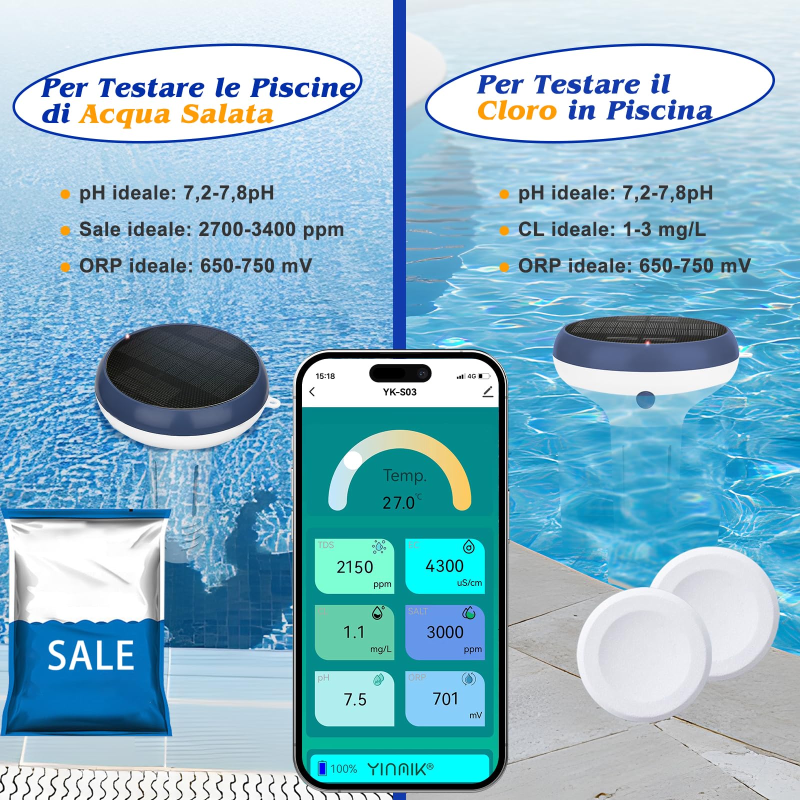 UIUZMAR Misuratore di Cloro e pH Piscina WiFi, Analizzatore Intelligente 7 in 1 per Acqua Salata e Piscina, Misura pH, Cloro Residuo, Sale, ORP, EC, TDS, Temperatura, con Ricarica Solare