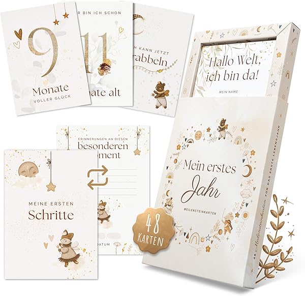 EULENTALER® 48 Meilensteinkarten Baby I Scandi Stil I Von Pädagogen gestaltet I Handgemalte Illustrationen I Monatskarten für Meilensteine als Geschenk zur Geburt & Babyparty