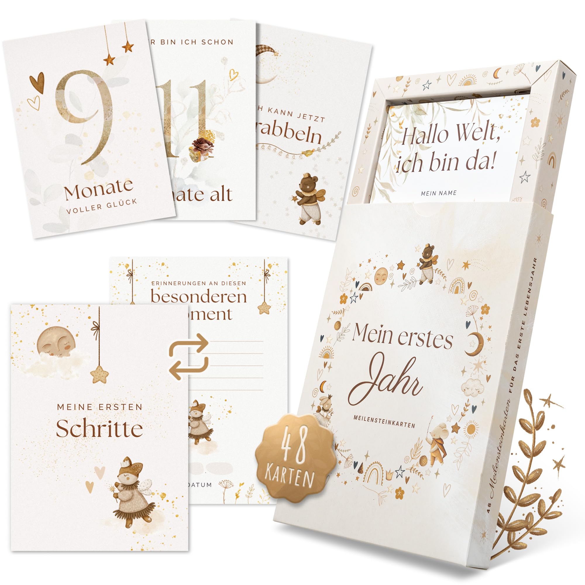 EULENTALER® 48 Meilensteinkarten Baby I Scandi Stil I Von Pädagogen gestaltet I Handgemalte Illustrationen I Monatskarten für Meilensteine als Geschenk zur Geburt & Babyparty