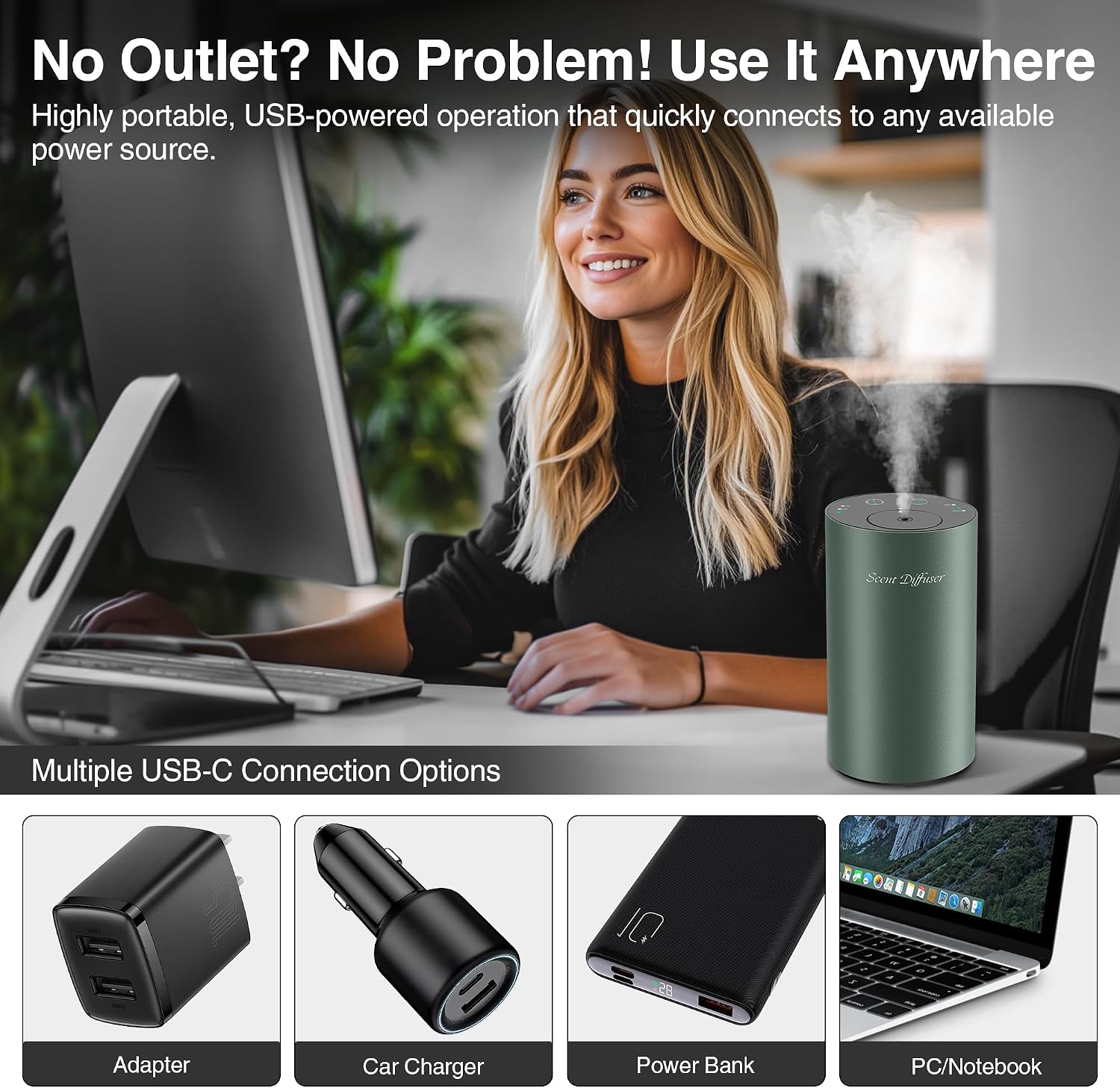 Waterless Essential Oil Diffuser Starter Kit - No Water Needed, Battery Operated Mini Scent Air Machine, Included 3x20ML Essential Oils, Portable Aromatherapy Diffuser for Home & Car & Office, Green image 5