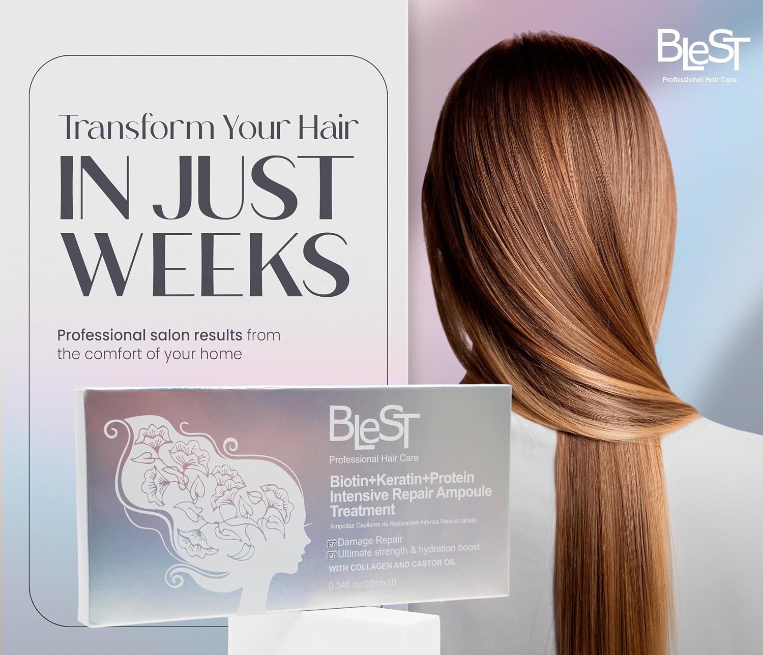 Intensive Repair Ampoules for Hair with Biotin Keratin Proteins Collagen and Castor Oil – Deep Hydration and Strengthening Treatment Loss and Frizz Control – 10x10ml