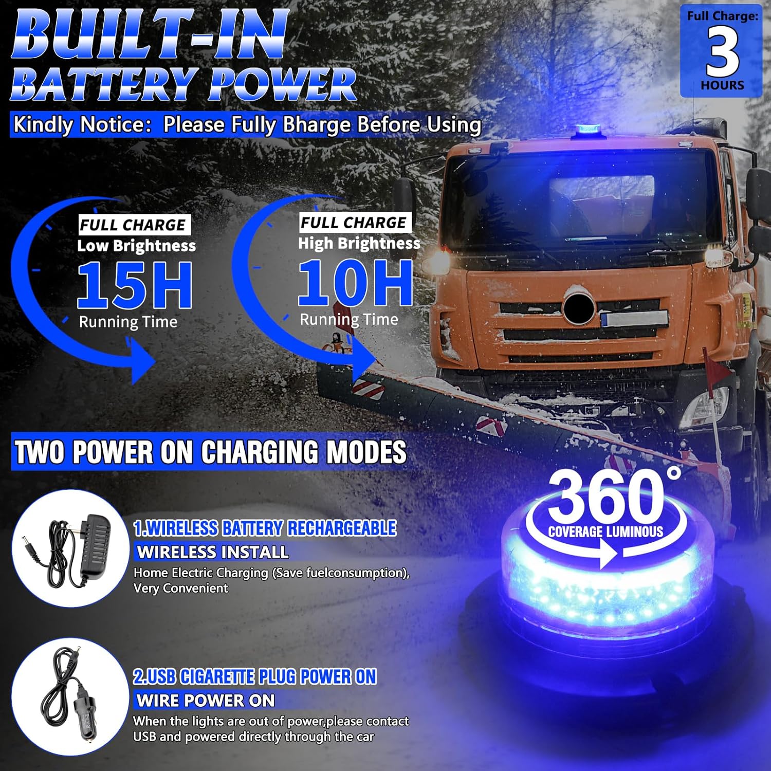 Remote Control Beacon Light, Rechargeable Wireless Blue Flashing Lights with Magnetic, High Low Brightness, 15 Modes Strobe Lights for Snowplow Tow Work Trucks Tractor