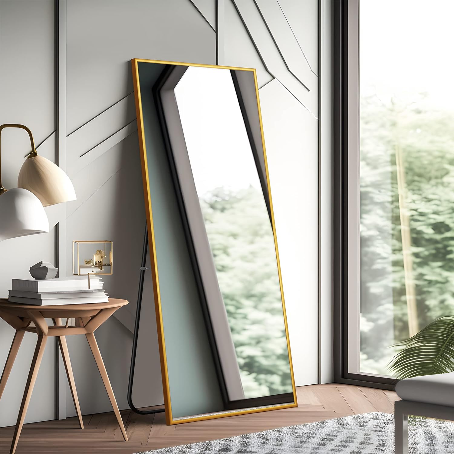 Condition photo showing New/Like New for neutype full length mirror standing, hanging or leaning against wall - large rectangle bedroom floor dressing wall-mounted mirror, aluminum alloy thin frame, gold, 63"x20"