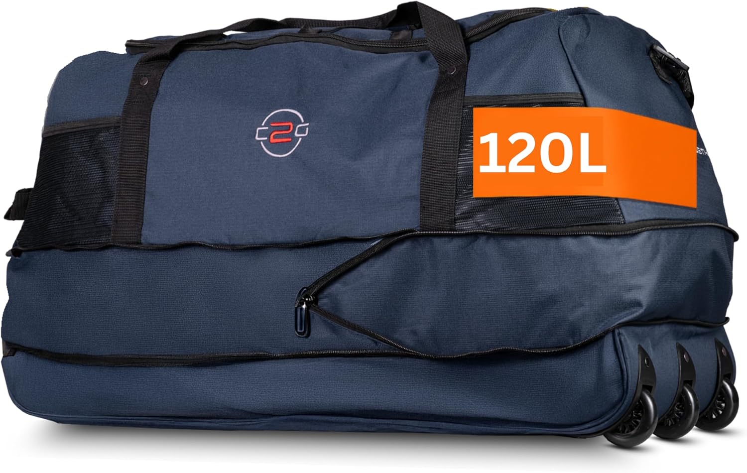 Cocoono XXL Reisetasche mit Rollen – Große Faltbare Rolltasche 120L – Leicht, robust &amp; platzsparend – Sporttasche mit Rollen für Damen &amp; Herren (Navy Steifer-Boden)