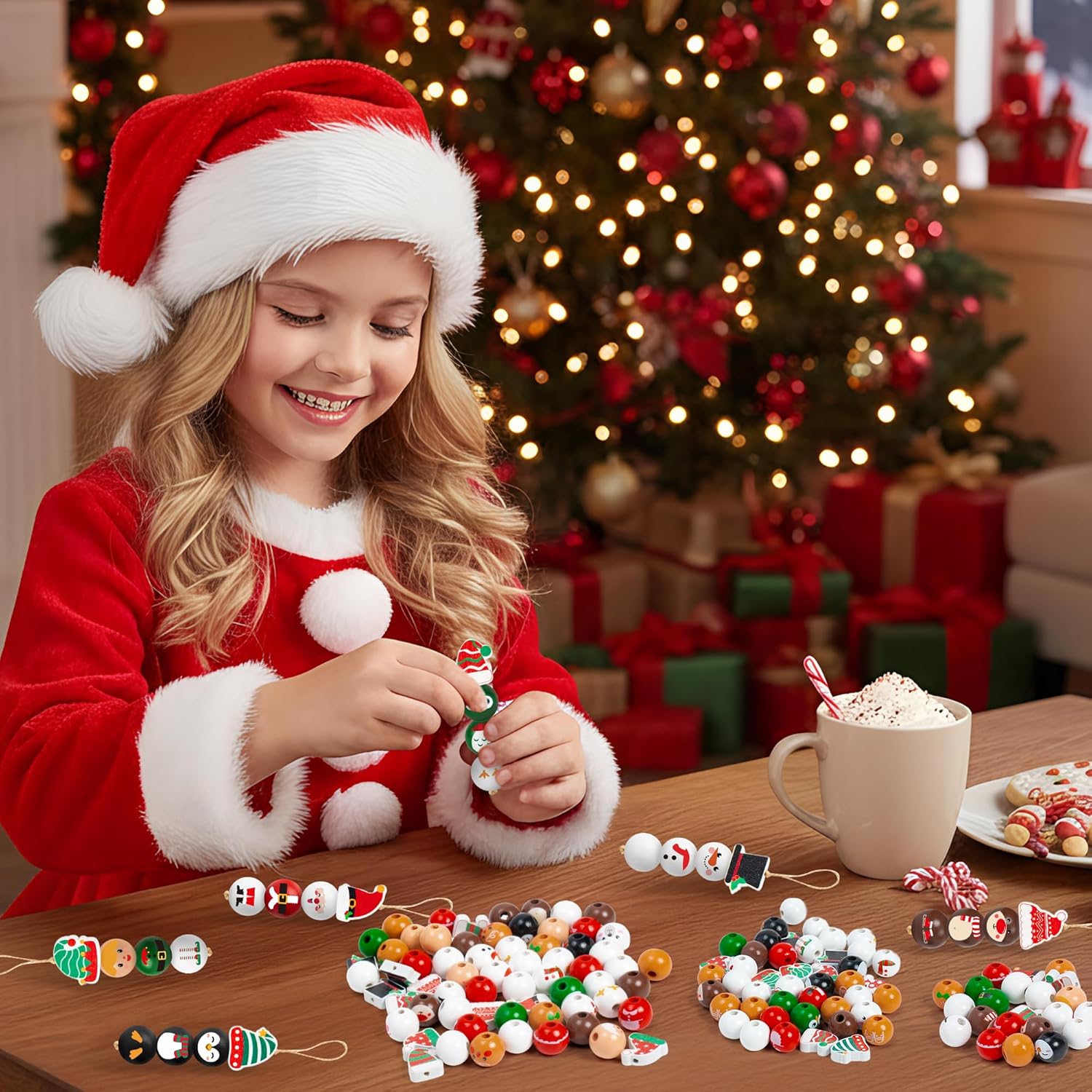 HoniedPepperino Christmas Wooden Bead with Twine - 240Pcs DIY Santa Claus Snowman Gingerbread Man Elf Bead Garland Crafts, Xmas Farmhouse Rustic Round Decor Ornaments for Christmas Winter Party Home - Image 6