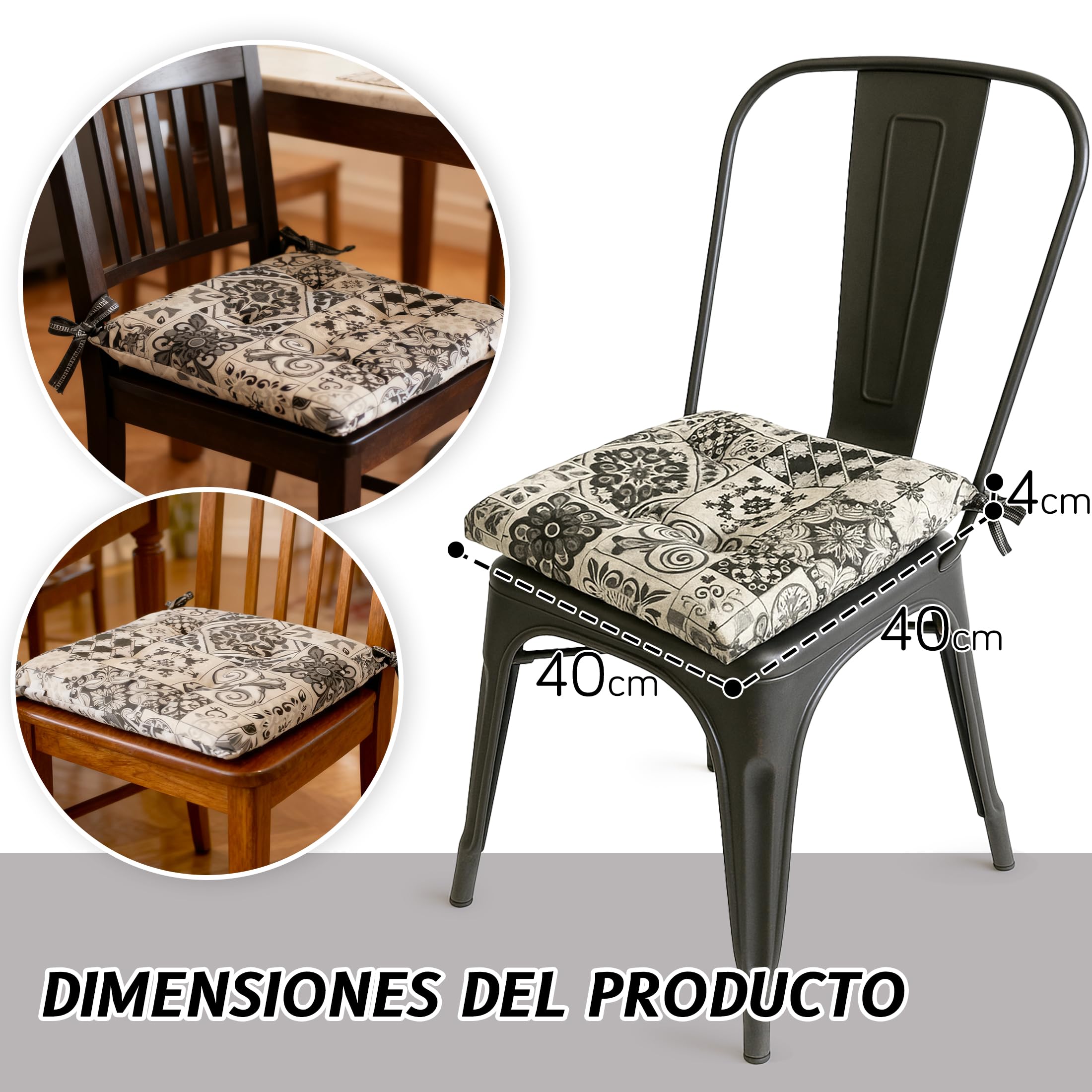 MANEMI Cojín de Silla 40x40x4 cm con Lazos, Mezcla de algodón y poliéster, Relleno de Espuma Suave, diseño con 4 Puntos de Costura, Lavable a máquina, Ideal para Cocina, Comedor o jardín