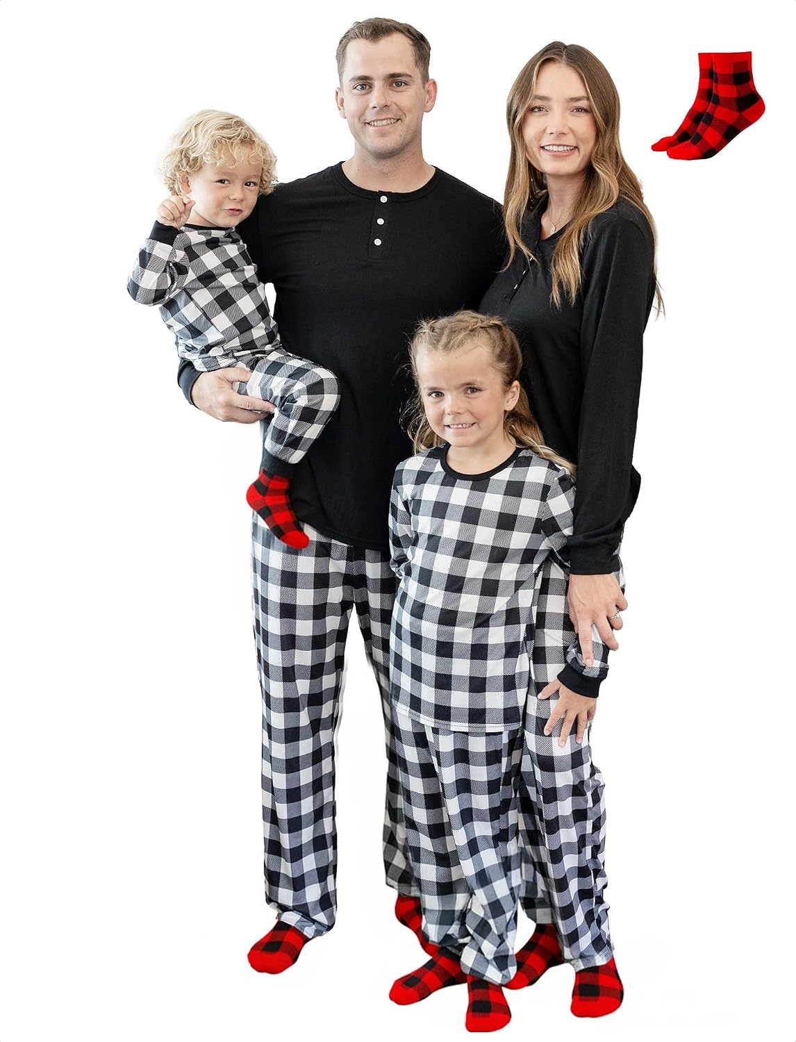 PATPAT Family Christmas Pajamas Matching Sets with Socks Black and White Plaid Pajamas Pants for Boys & Girls Long Sleeve Holiday Jammies, Black Buffalo Plaid, Kids 6-7 Years