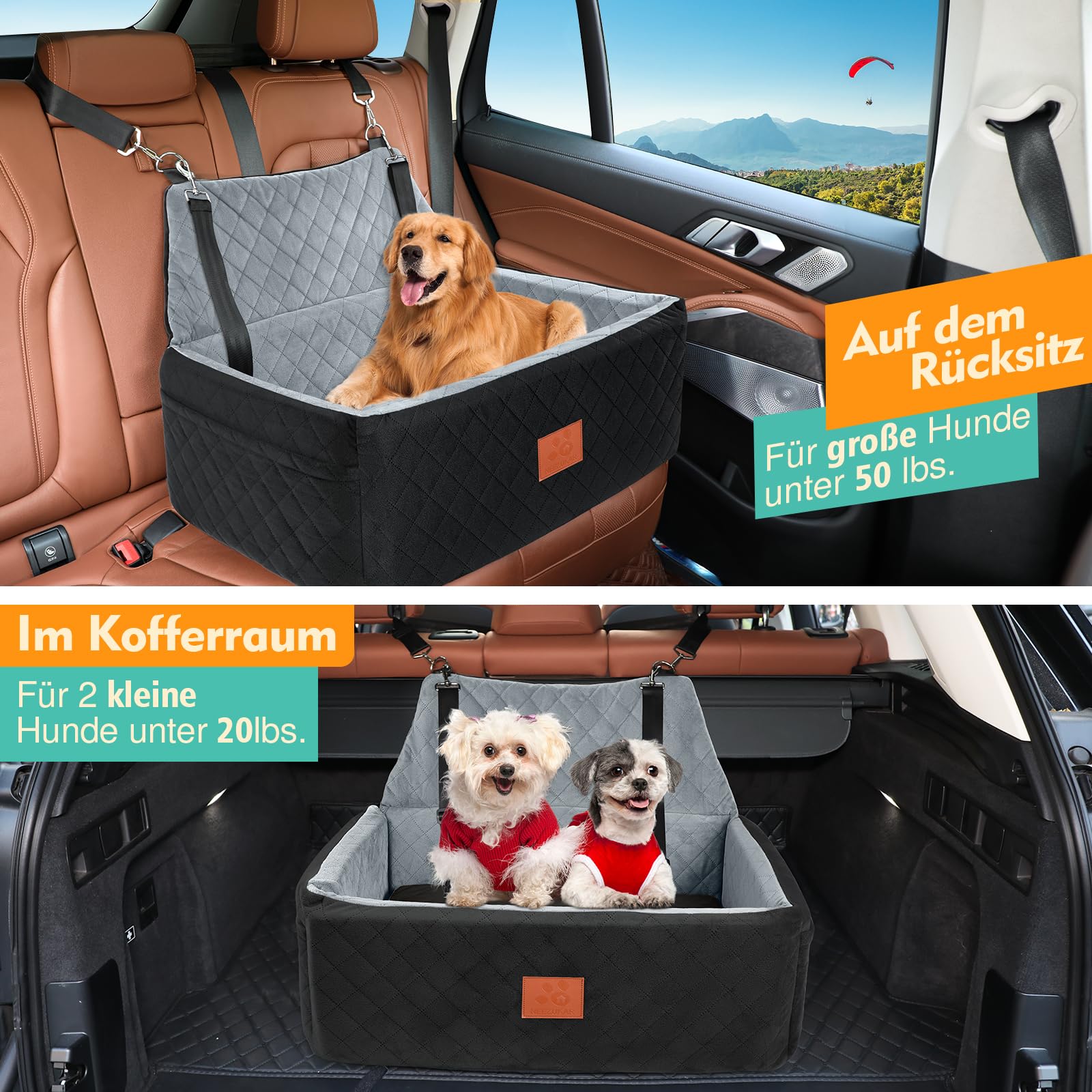 Hunde Autositz für Große&Mittlere Hunde, Hundesitz Auto für unter 55 lbs oder 2 kleine, Waschbar Hundeautositz für den Rücksitz mit dickem Kissen,2 Sicherheitsleinen