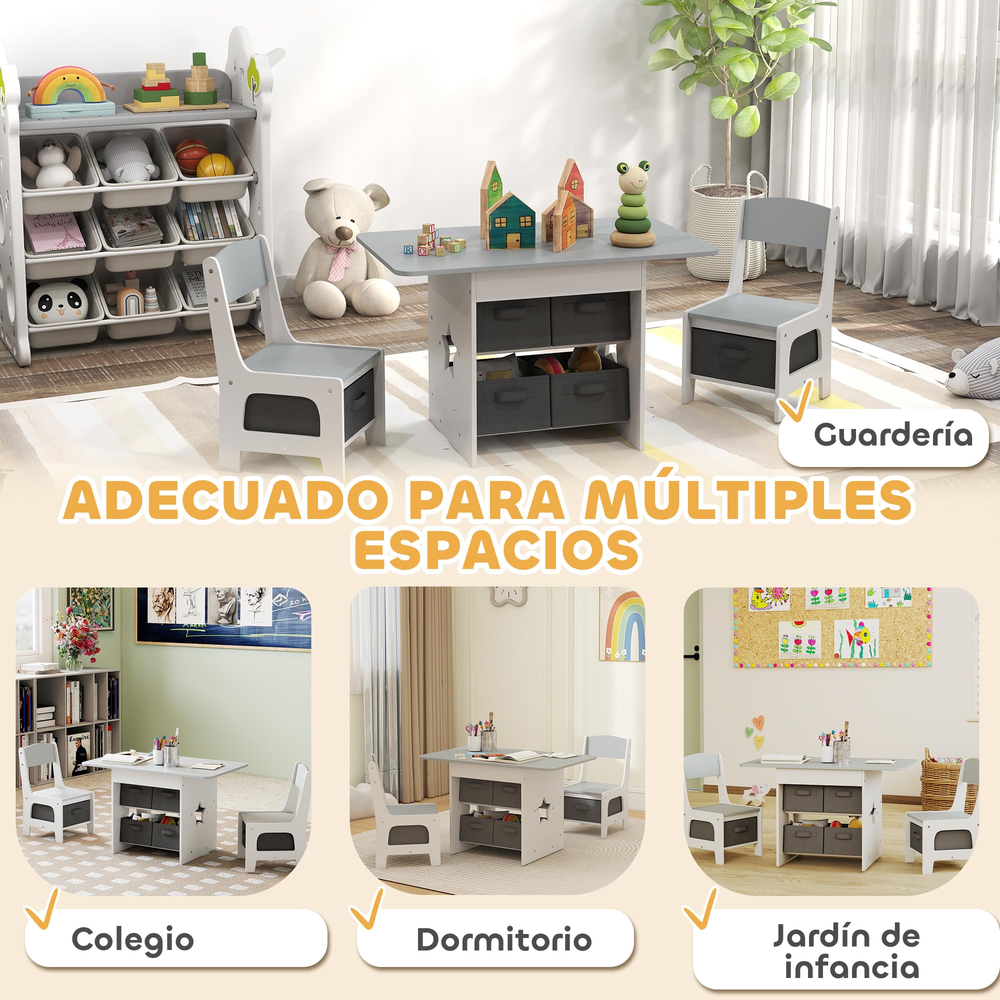 AIYAPLAY Mesa Infantil con 2 Sillas, Mesa y Sillas Infantil con 6 Cajones de Tela, Diseño Estrellas, para Niños y Niñas de 3-8 Años, para Hogar, Guardería, Aulas, Gris Claro