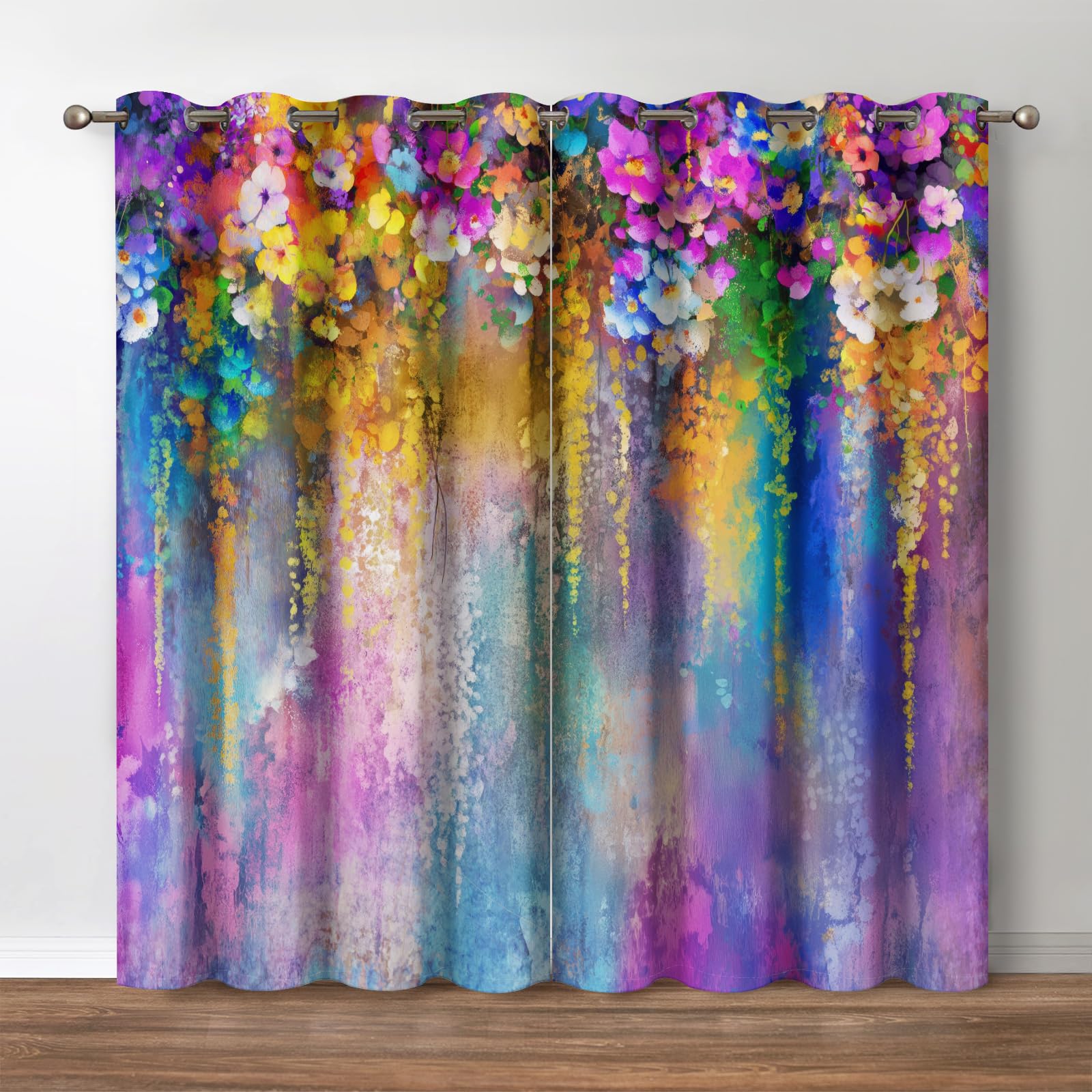 Jekeno Floral Blackout Curtains Weeping Purple Flowers Floral Decor for Home Bedroom Living Room Colorful Darkening Grommet Window Drapes 2 Panel Set,