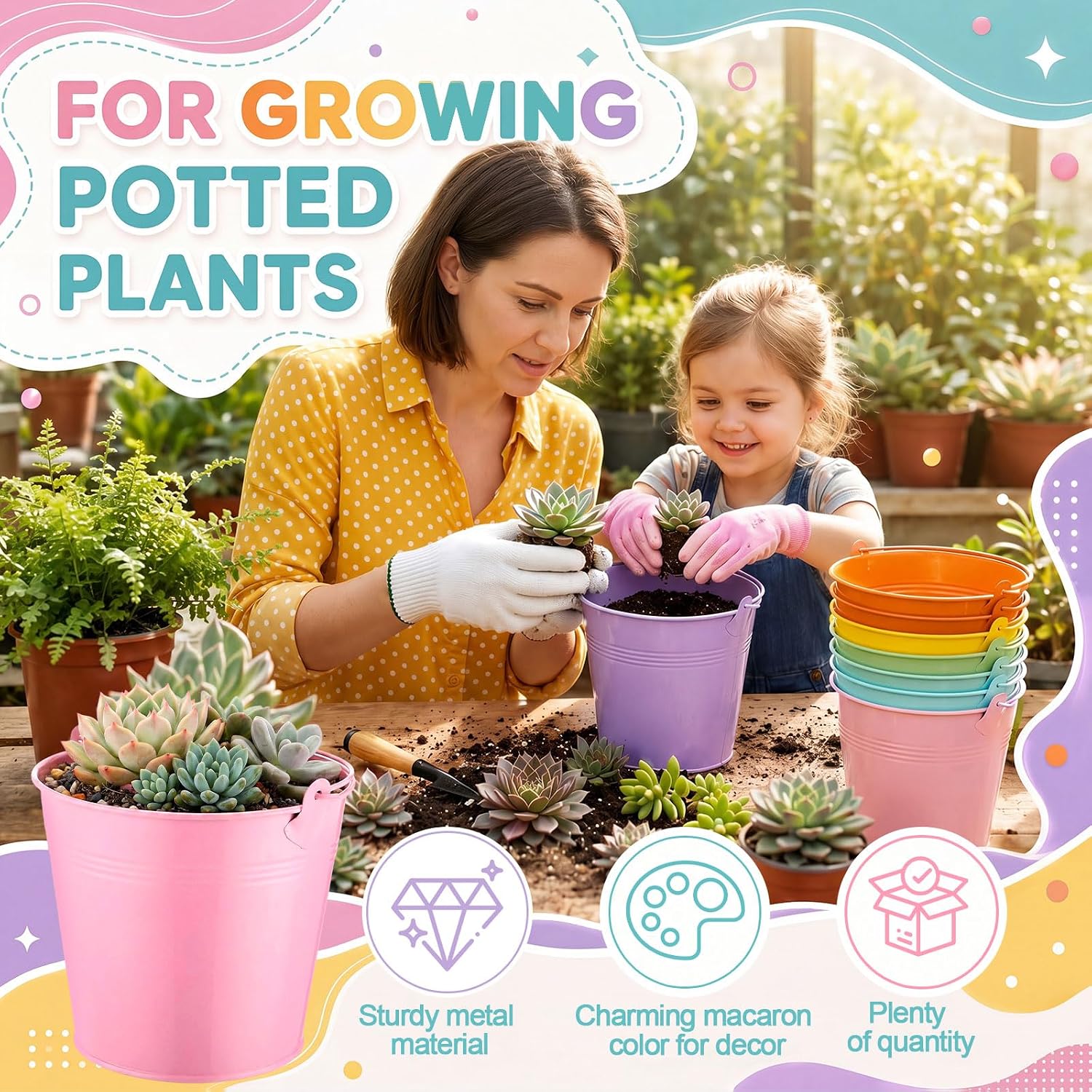 meekoo 12 Pcs Colorful Galvanized Metal Buckets with Handles, 5.9 x 4.3 x 5.1 Inch Small Metal Buckets for Party Favors, Candy, Succulent Plants, Flower Pots, Classroom Organizing Crafts, 6 Colors