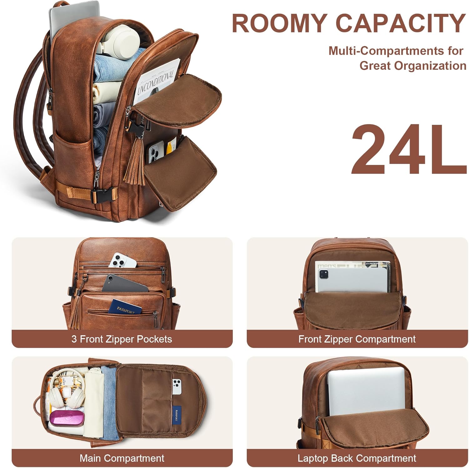 Shrrie Laptop Backpack for Women,Vegan Leather Backpack Work Computer Backpacks fits 16" Laptop,Water Resistant Teacher Nurse Casual Daypack for Weekender Camping Travel,Two-toned Brown - Image 3