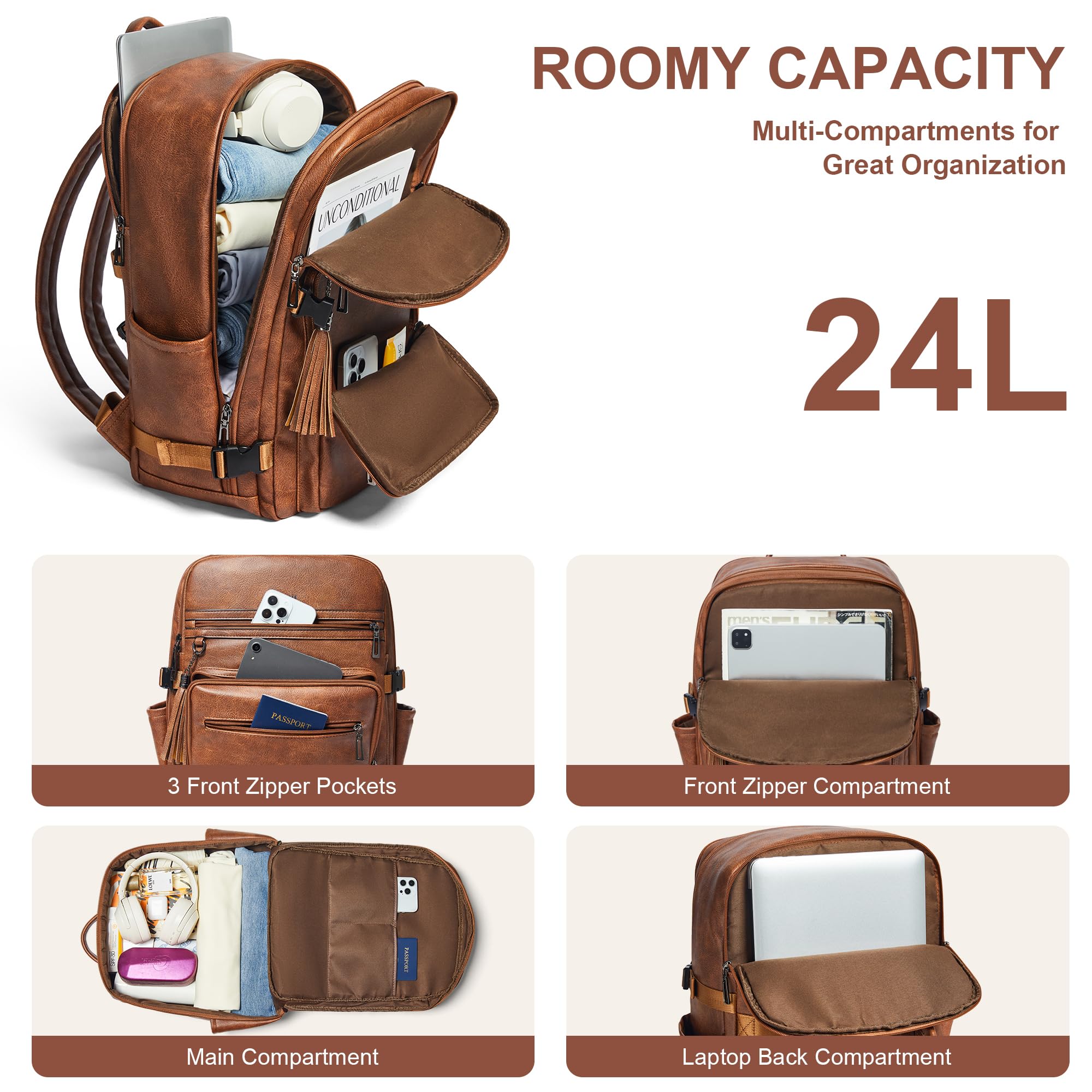 Shrrie Mochila para laptop de 16 pulgadas para mujer, mochila de trabajo de cuero, mochila casual para fin de semana, camping, viajes