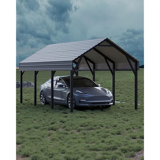 GarveeLife 10x15 FT Metal Carport Kits, Reinforced Frame and Steel Roof for All-Weather Use, Permanent Shelter for Bass Boats, Sedans, and Tractors, Gray