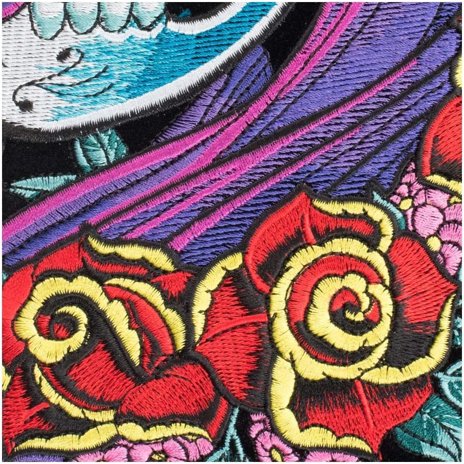 PatchStop Candy Skull Roses Purple Iron On Patches for Clothing Jeans - 6.75x9.5in Large DIY Sew On Back Patch for Jackets Bags - Embroidered Decorative Sugar Skull Patches