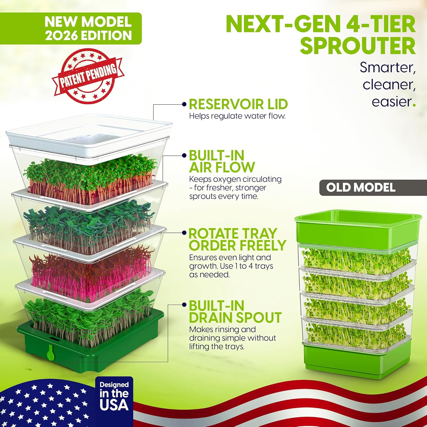 ZESTIGREENS 4-Tier Sprouting Kit - Stackable Seed Sprouter Trays with Drain Spout - Grow Fresh Sprouts at Home - BPA-Free