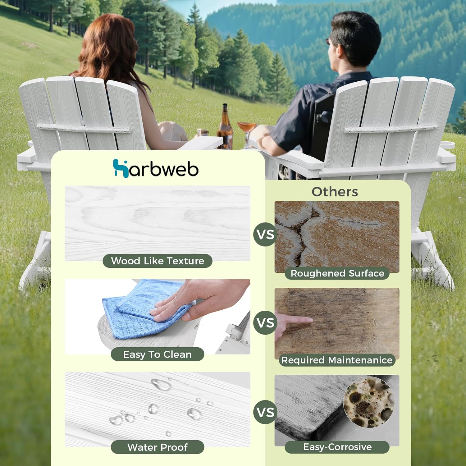 Folding Adirondack Chair Wood Texture 2 Pack, HDPE All-Weather Fire Pit Chairs, Plastic Adirondack Chairs with 2 Cup Holder, Outdoor Lawn Chair for Patio Garden (White)