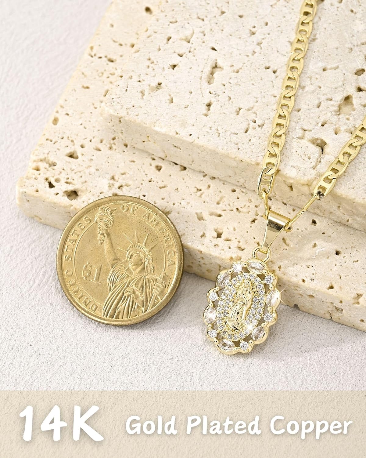 J&H DiaJuvelo Catholic Virgin Mary Necklace for Women 14K Gold Plated Virgen de Guadalupe Necklace Mother Mary Cubic Zirconia Virgin Mary Pendant Catholic Jewelry for Women Charm Gifts - Image 5