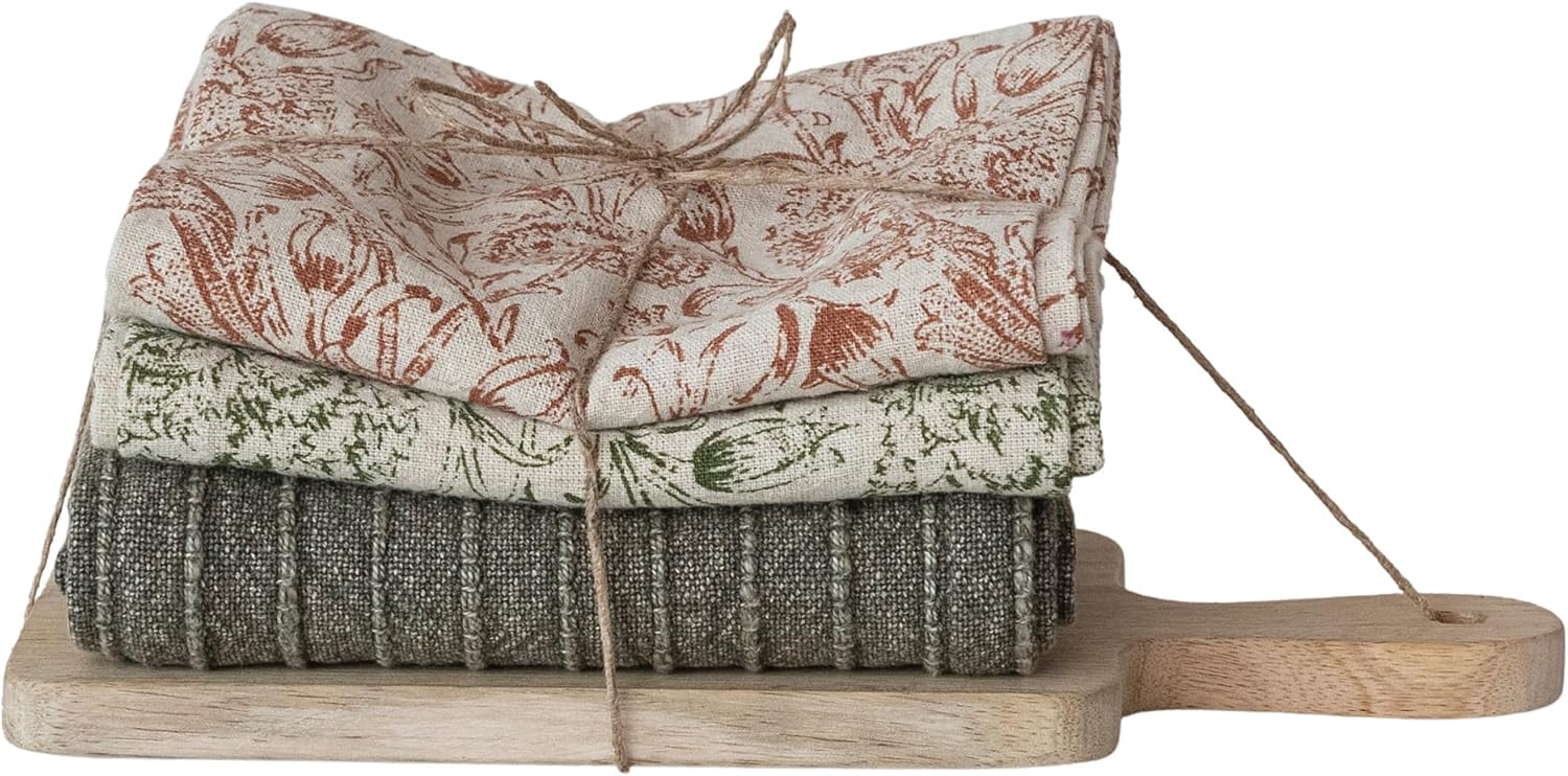 Creative Co-Op 3-Piece Cotton Stonewashed Patterned Tea Towels and Mango Wood Cheese/Serving Board with Handle, Multicolor & Natural