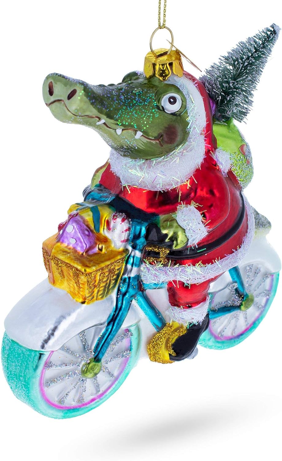 Alligator Riding Bicycle with Gifts Glass Christmas Ornament - Image 2
