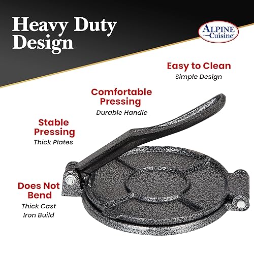 Miniatura 3 de Alpine Cuisine Prensa de tortilla de hierro fundido de 7.5 pulgadas con mango suave al tacto, fabricante de tortillas duradera adecuada para harina,
