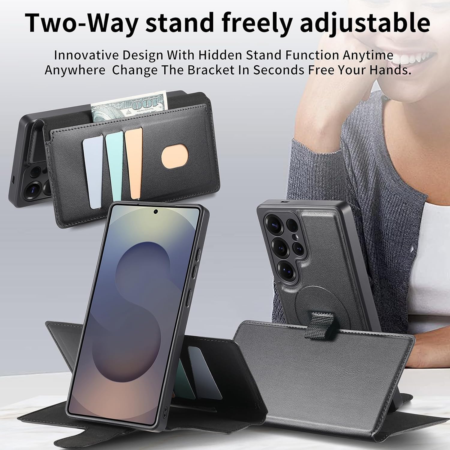 HAOTP for Samsung Galaxy S25 Ultra Wallet Case with Card Holder,RFID Blocking PU Leather Flip Folio Telescopic Finger Strap Cover,Detachable Magnetic Kickstand Shockproof Case for Women Men Black