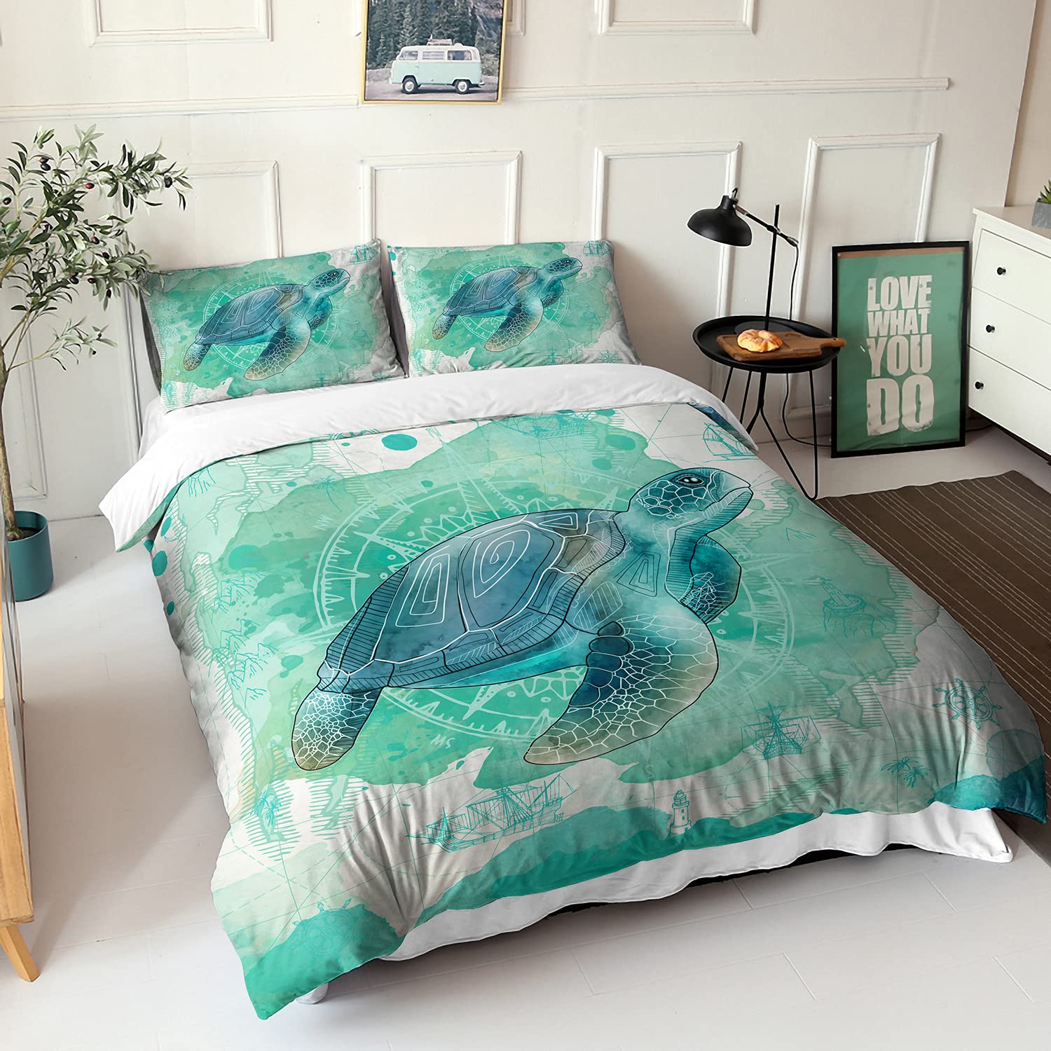 CVHOUSE Sea Turtle Bedding Set,Ocean Beach Duvet Cover Set Twin Size,Turtle Comforter Cover for Boys Kids Girls(1 Quilt Cover 2 Pillowcases 3 Piece)