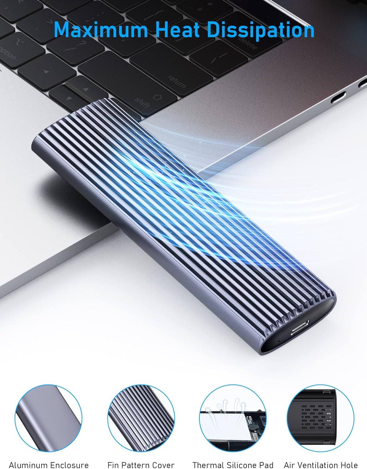 Diagram showing the heat dissipation features of the Beikell M.2 NVME Enclosure, including aluminum enclosure, fin pattern cover, thermal silicone pad, and air ventilation hole.