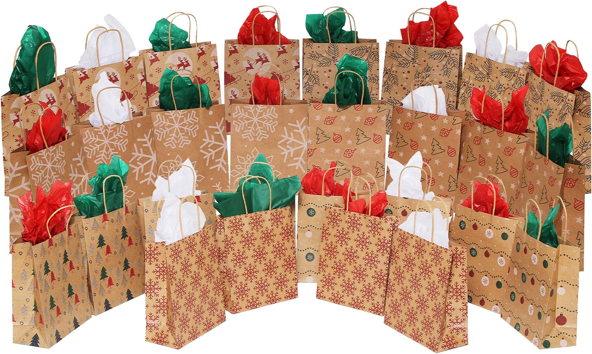 MOMONI 28 Piece Medium Premium Christmas Gift Bags- Classic Variety Kraft Gift Bags Bulk Christmas Bags- Good for Xmas Party Favors, Goody Gift Bags, Holiday Treat Box and Presents