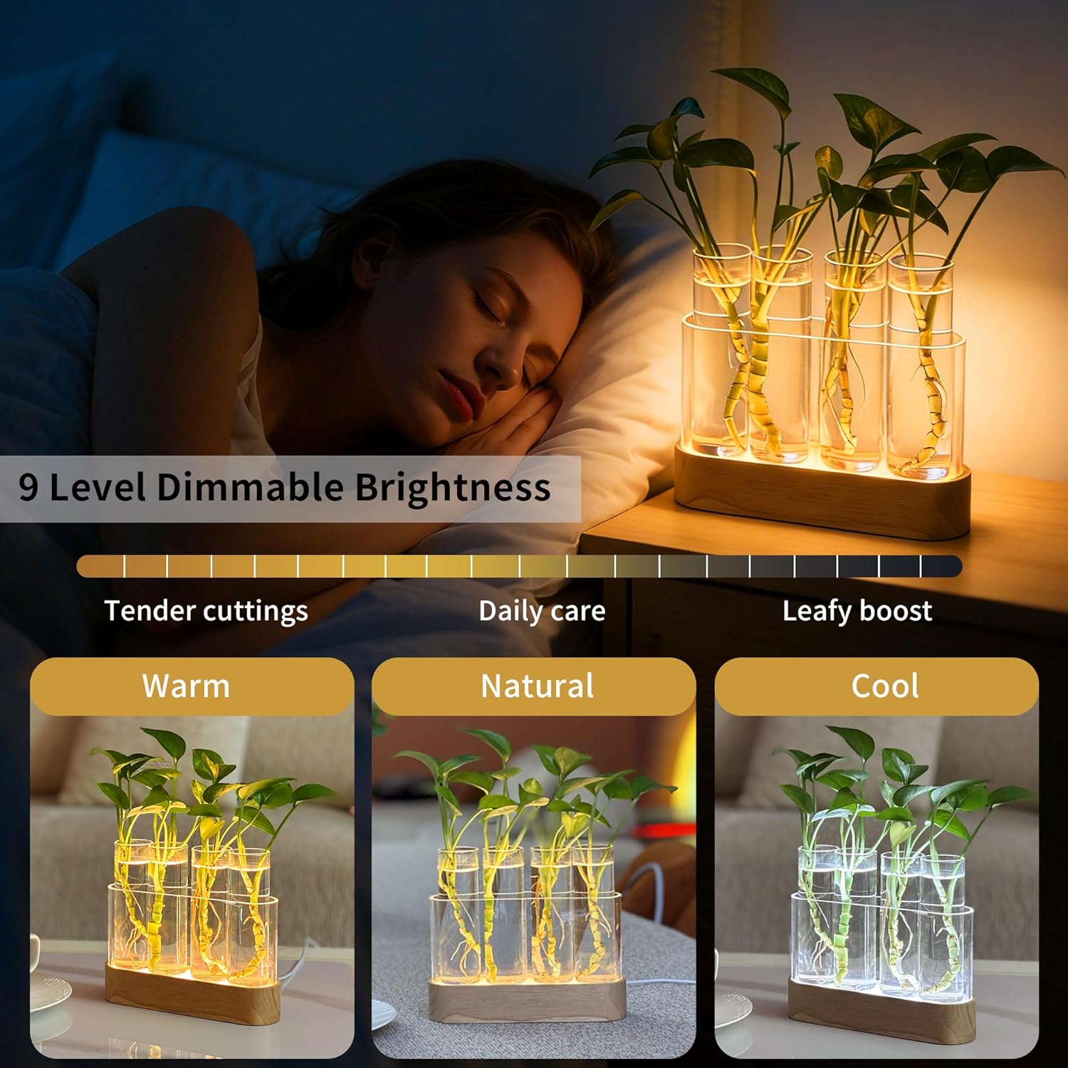 Plant Propagation Station with LED Lights, Wooden Stand, 4 Glass Test Tubes for Hydroponic Plants, 3 Lighting Modes 9 Brightness, Unique Gift for Plant Lovers - Image 2