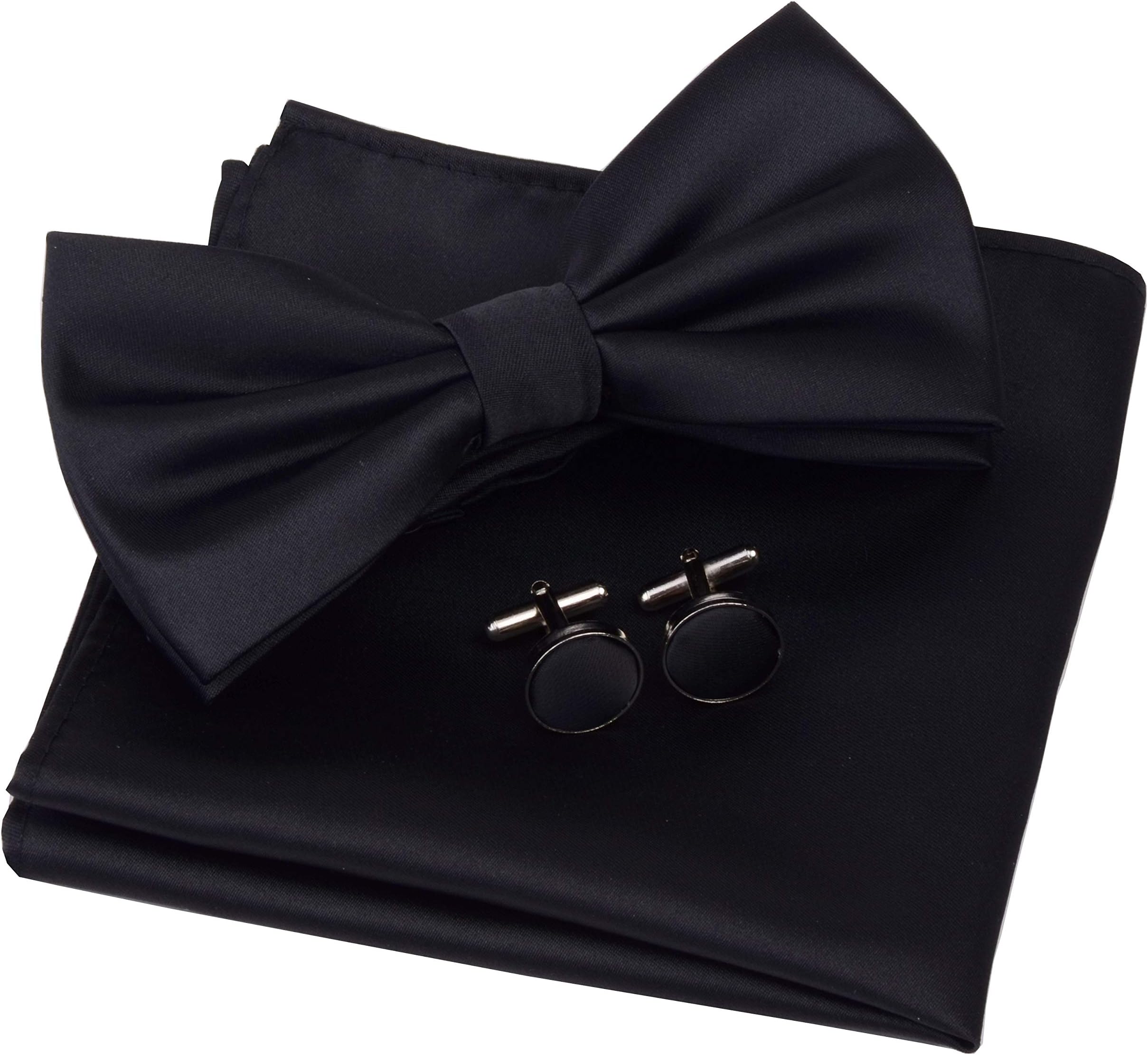 Mens Solid Color Double Fold Pre-tied Bow Tie and Pocket Square Cufflink Set with Gift Box