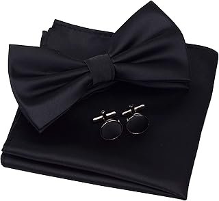 GUSLESON Mens Solid Color Double Fold Pre-tied Bow Tie and Pocket Square Cufflink Set with Gift Box