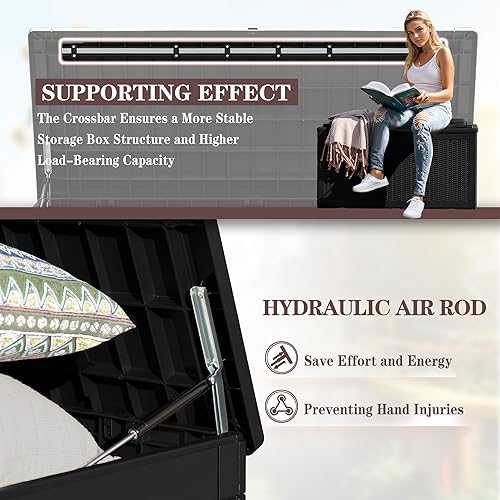 Miniatura 7 de Greesum Caja de resina de 100 galones, cajas de almacenamiento grandes para exteriores con cojines para herramientas de jardín, almohadas para