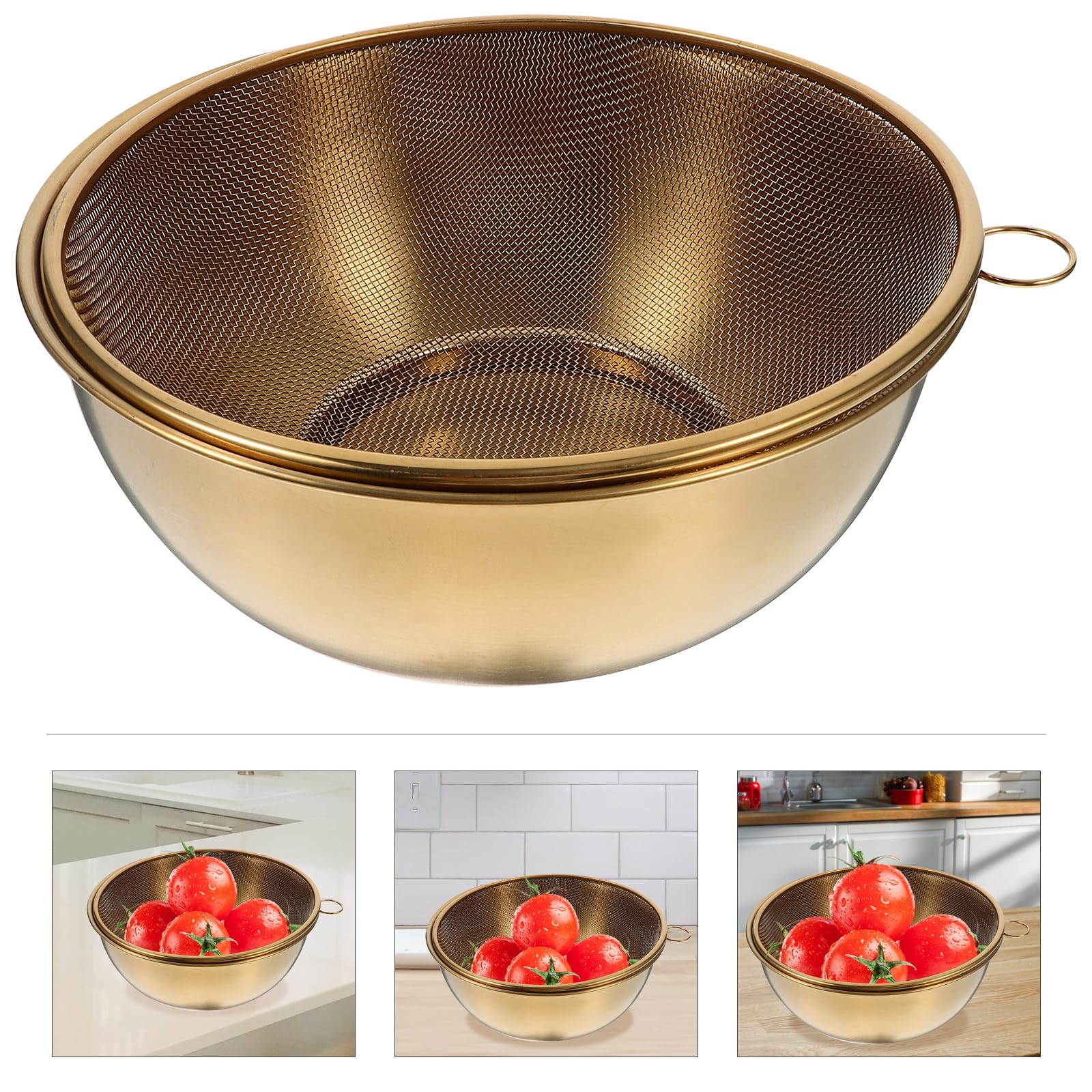 OSALADI Passoire à Riz Inox 22 Cm Dorée à Mailles Fines Bol Mélangeur 2 Pièces pour Fruits et Légumes, Égouttoir Solide et Polyvalent, Accessoire la Cuisine Pratique