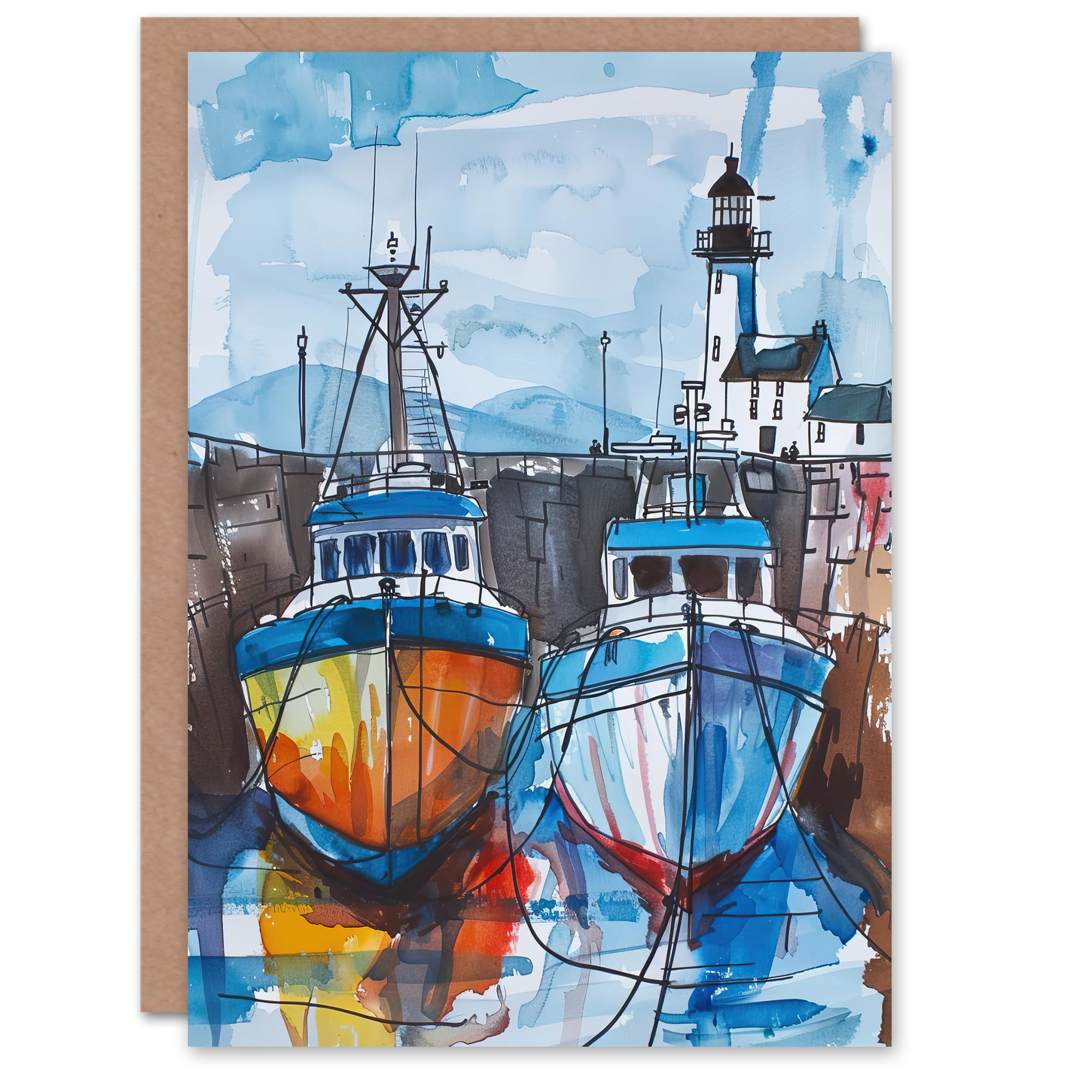 Artery8 Greeting Card Scottish Harbour Fishing Boats and Lighthouse Blank For Him Or Her Art Birthday Card