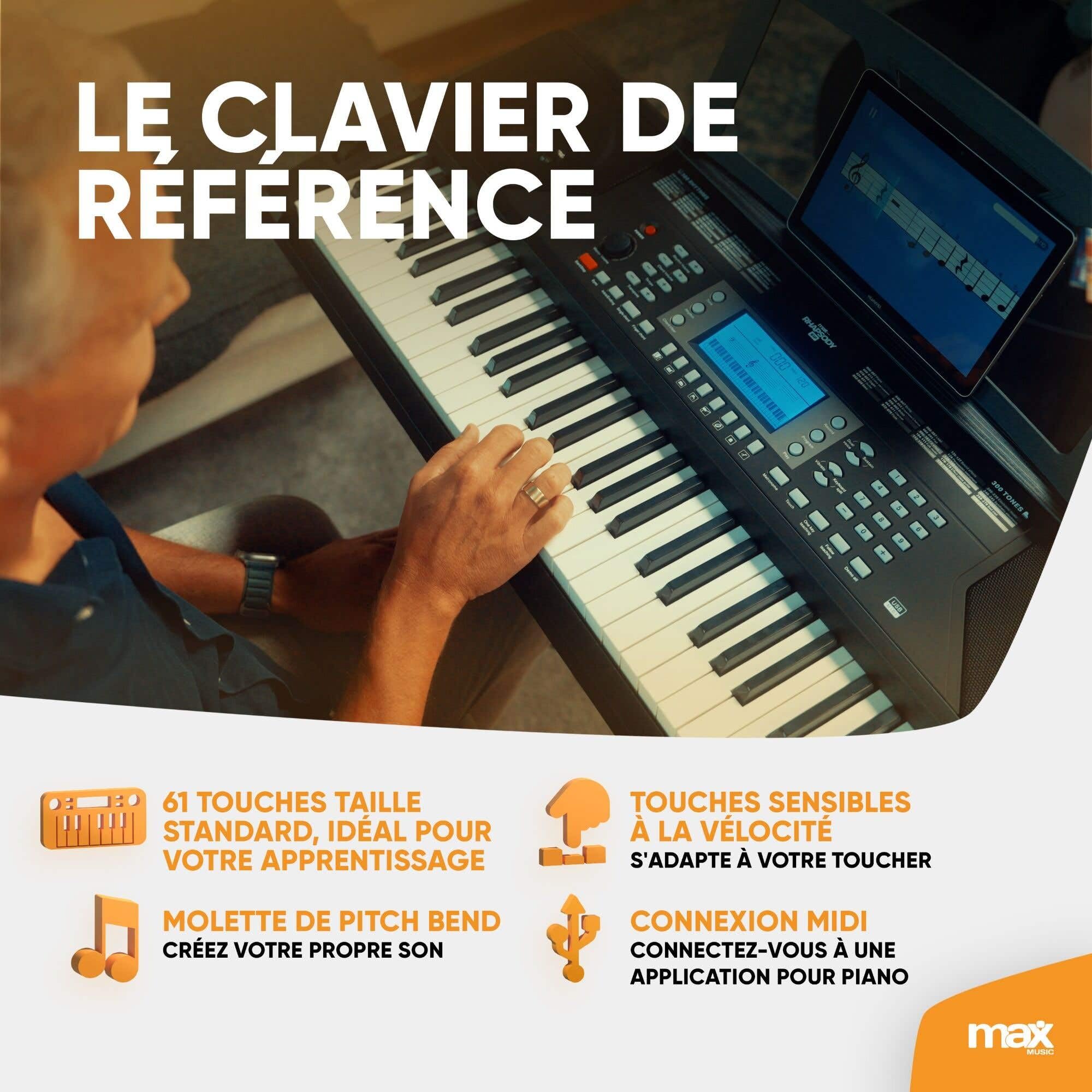 MAX Rhapsody61P - Tastiera Piano, 61 tasti, con dinamica di arresto, altoparlante, display LED, 50 canzoni demo, per principianti e professionisti, tastiera pianoforte, funzione di apprendimento, 300