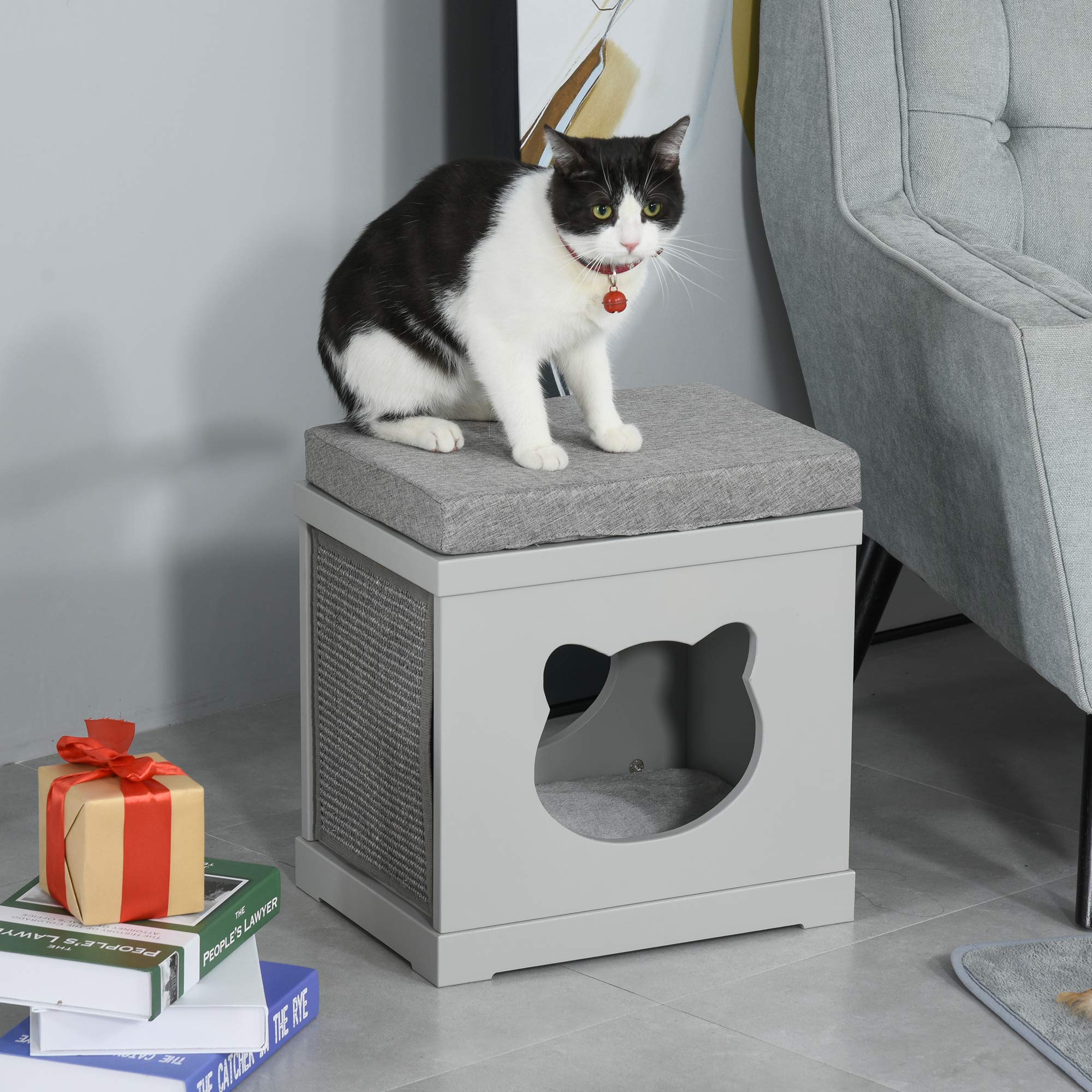 PawHut Cuccia Casetta per Gatti in Legno con 2 Cuscini e Tiragraffi Rimovibili, Grigio, 41x30x36cm