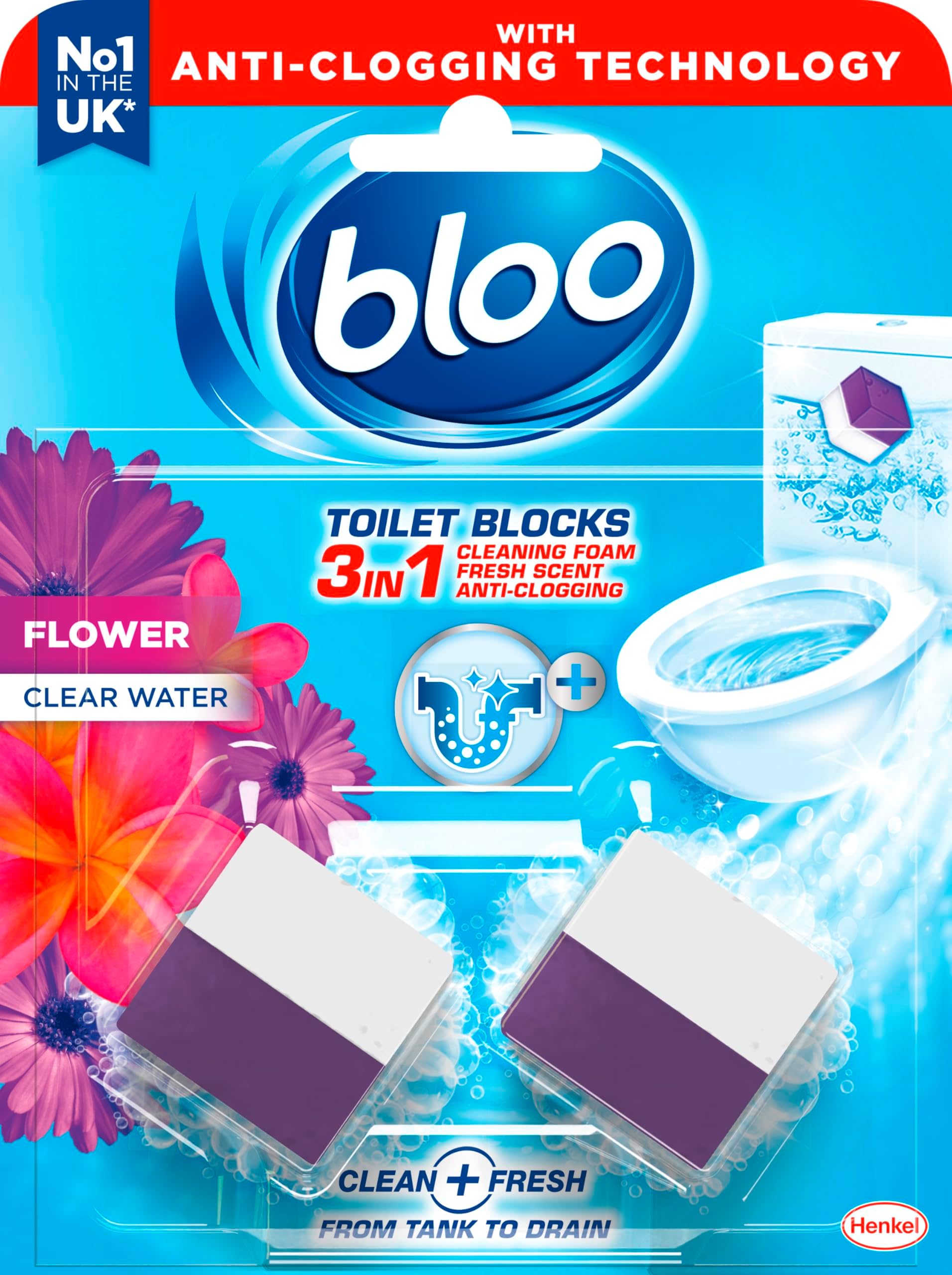 New - Bloo 3in1 Toilet Blocks, Pack of 2, Limescale Remover Cistern, Cleaner with Cleaning and Foaming Action, Fresheners – Fresh Flowers