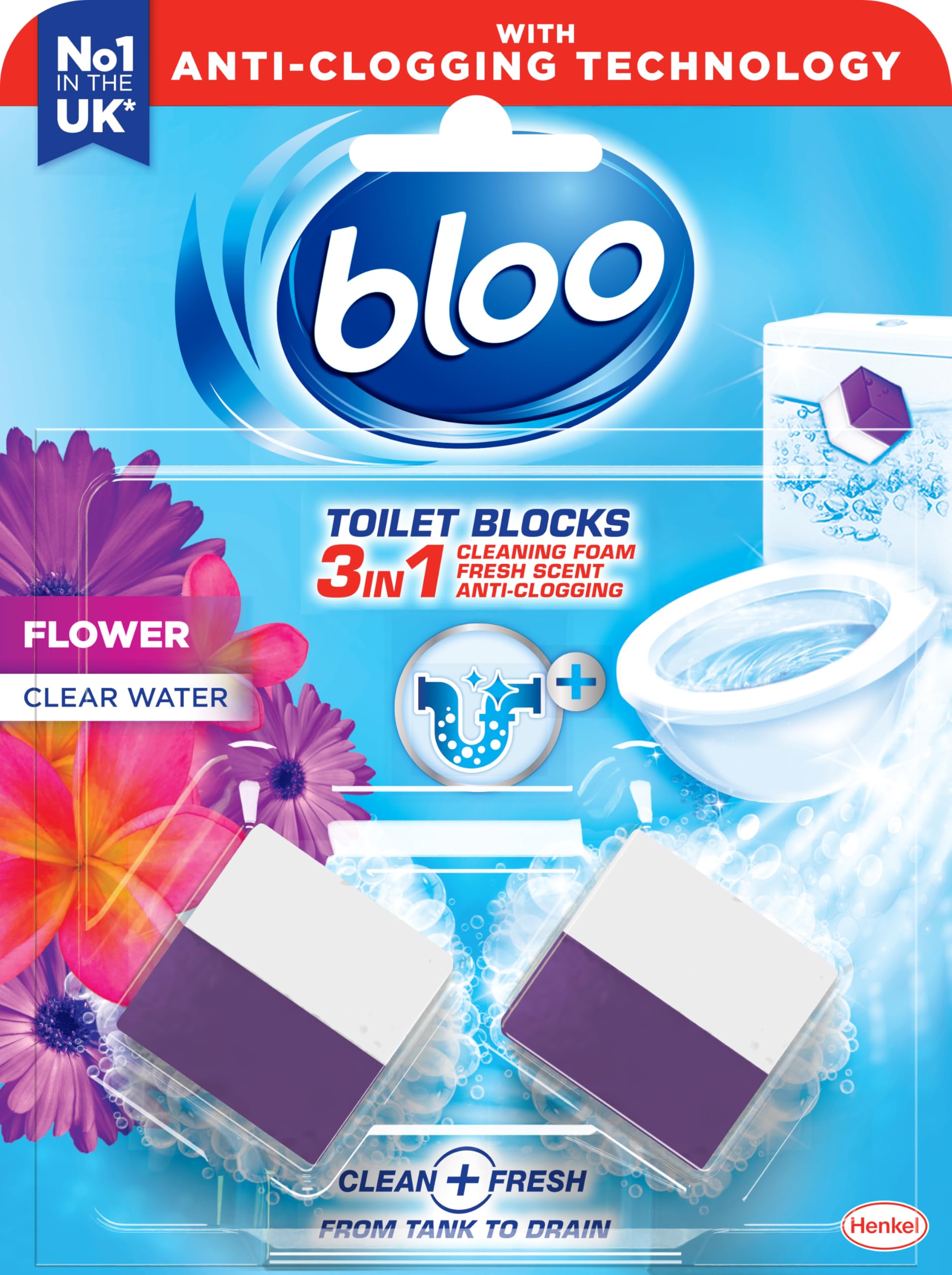 New Bloo Toilet Blocks, Pack of 2, Limescale Remover Cistern, Cleaner with Cleaning and Foaming Action, Fresheners โ Fresh Flowers