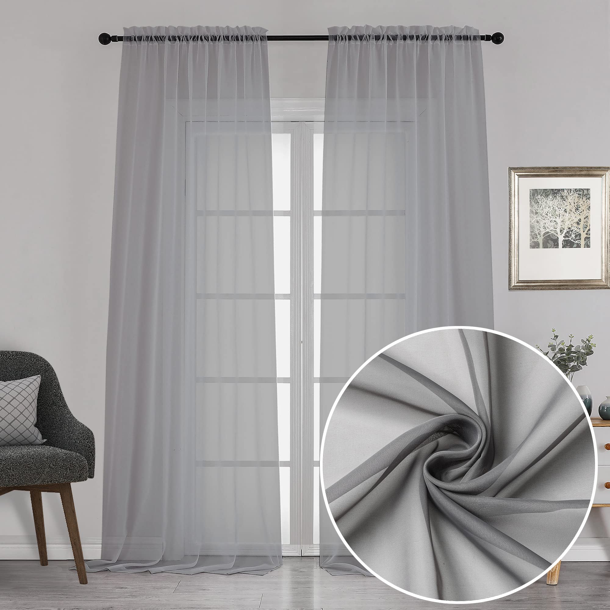 Chyhomenyc 120 Inch Long Sheer Curtains for Bedroom, Semi Sheer Privacy Curtains &amp; Drapes Texture Sunlight Filtering for Hallway Window Guest Room Country House, 42x120 Inches, 2 Panel, Charcoal Grey