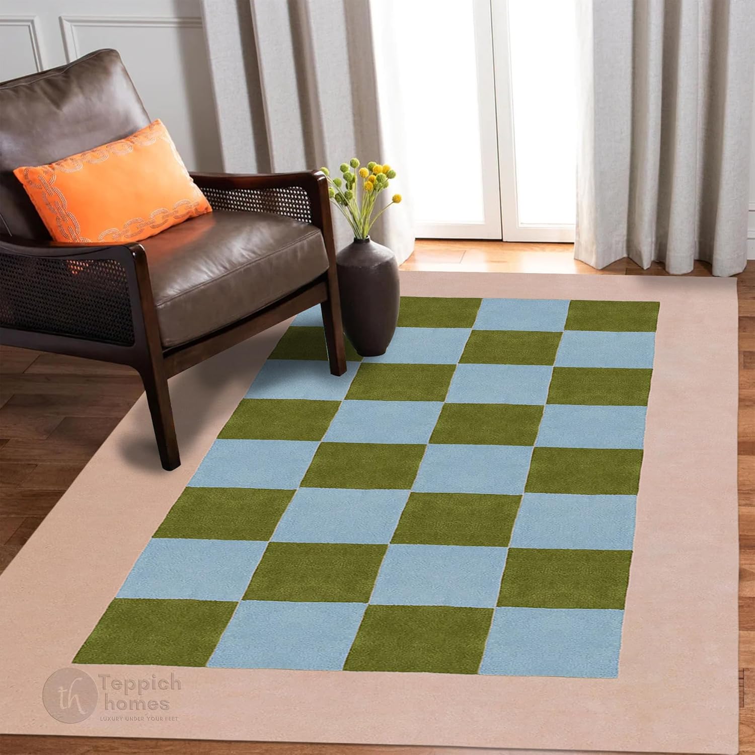 Hand Tufted Wool Area Rug 7x10 Blue Green Checkered, Handmade Modern Premium Rug for Living Room, Bedroom & Dining Room