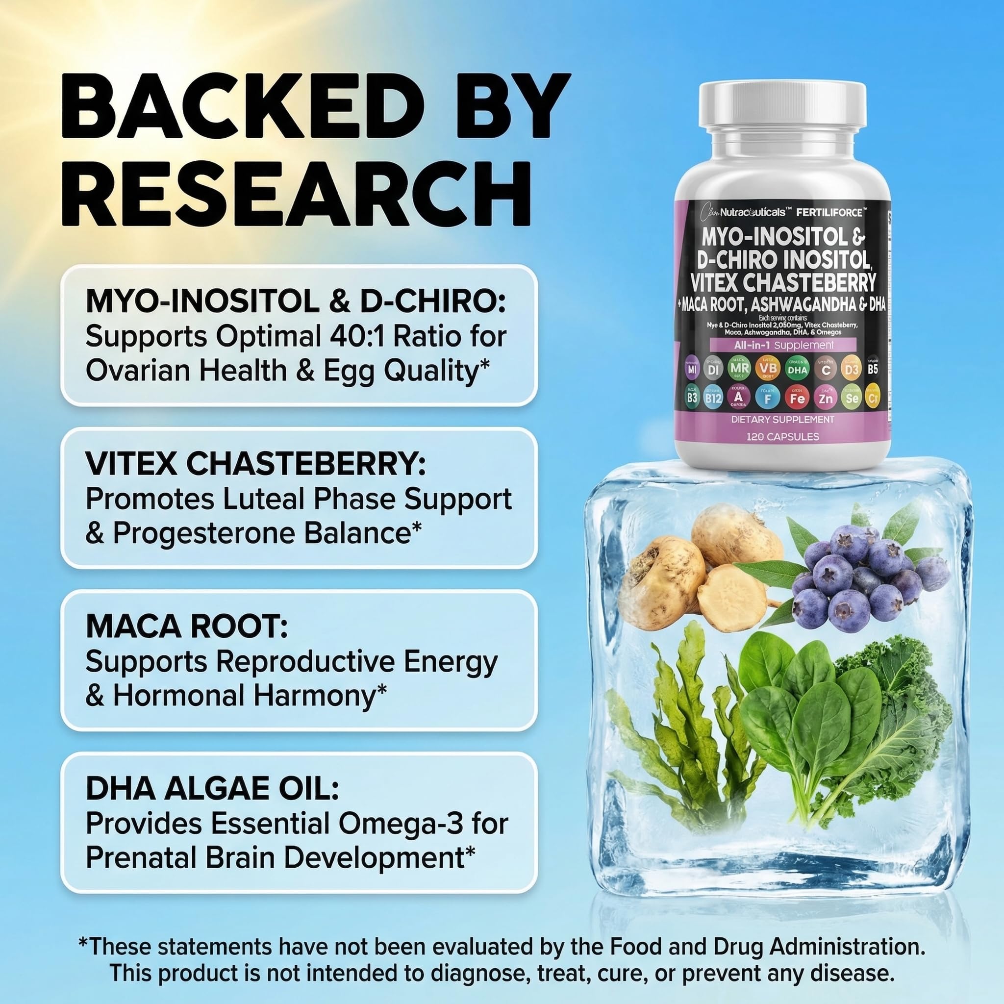 Clean Nutraceuticals Myo-Inositol & D-Chiro Inositol 2050mg Fertility Supplement 40:1 Ratio - Prenatal Vitamins for Women with Ashwagandha Maca Root Vitex Chasteberry Iron DHA Folic Acid DIM Zinc (1) — Amazon image 3