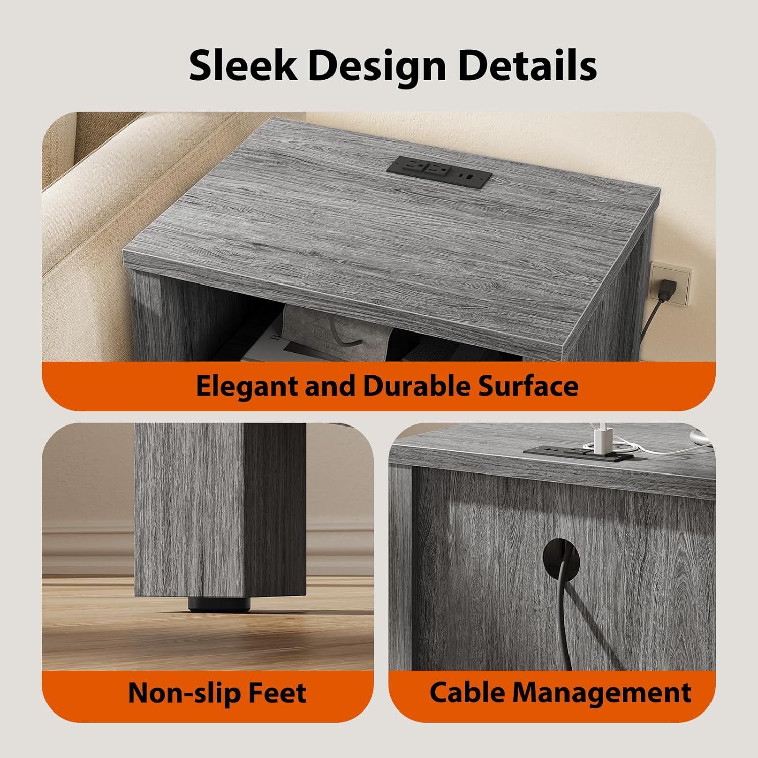 Pipishell Night Stand Set 2, Farmhouse Bedside Table Set of 2 with Open Shelf, Enclosed Cabinet, USB Port & AC Outlet, Wood Side Table with Storage for Bedroom, Gray, 2 Pack