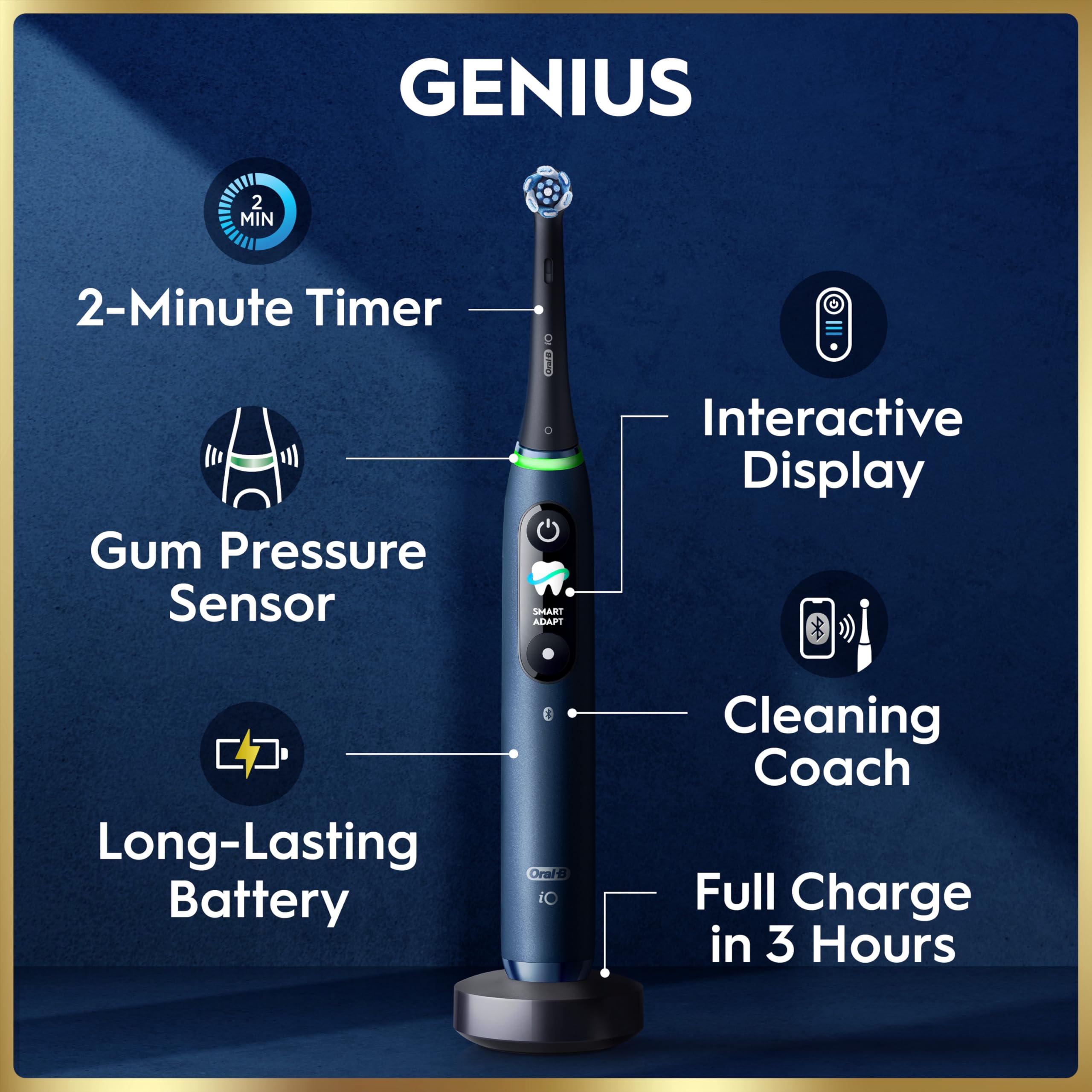 Oral-B iO9 Genius cepillo de dientes eléctrico en azul con bolsa de viaje recargable, pantalla interactiva, ajuste automático y sensor de encías