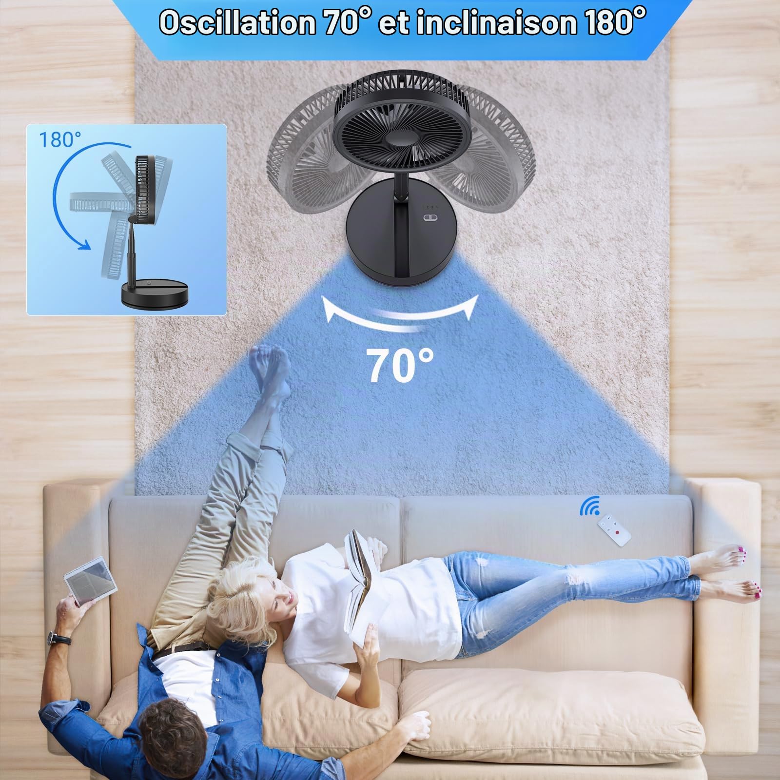 LIPETY Ventilateur sur Pied Portable Pliable Rechargeable - 8000 mAh 8.6"